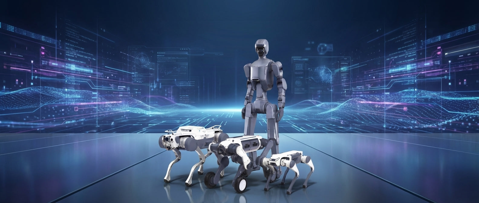 DEEP Robotics humanoid and quadruped robots, including a wheeled-legged model, showcased on a reflective digital surface against a background of glowing data streams and futuristic interfaces, demonstrating advanced robotics for diverse applications.