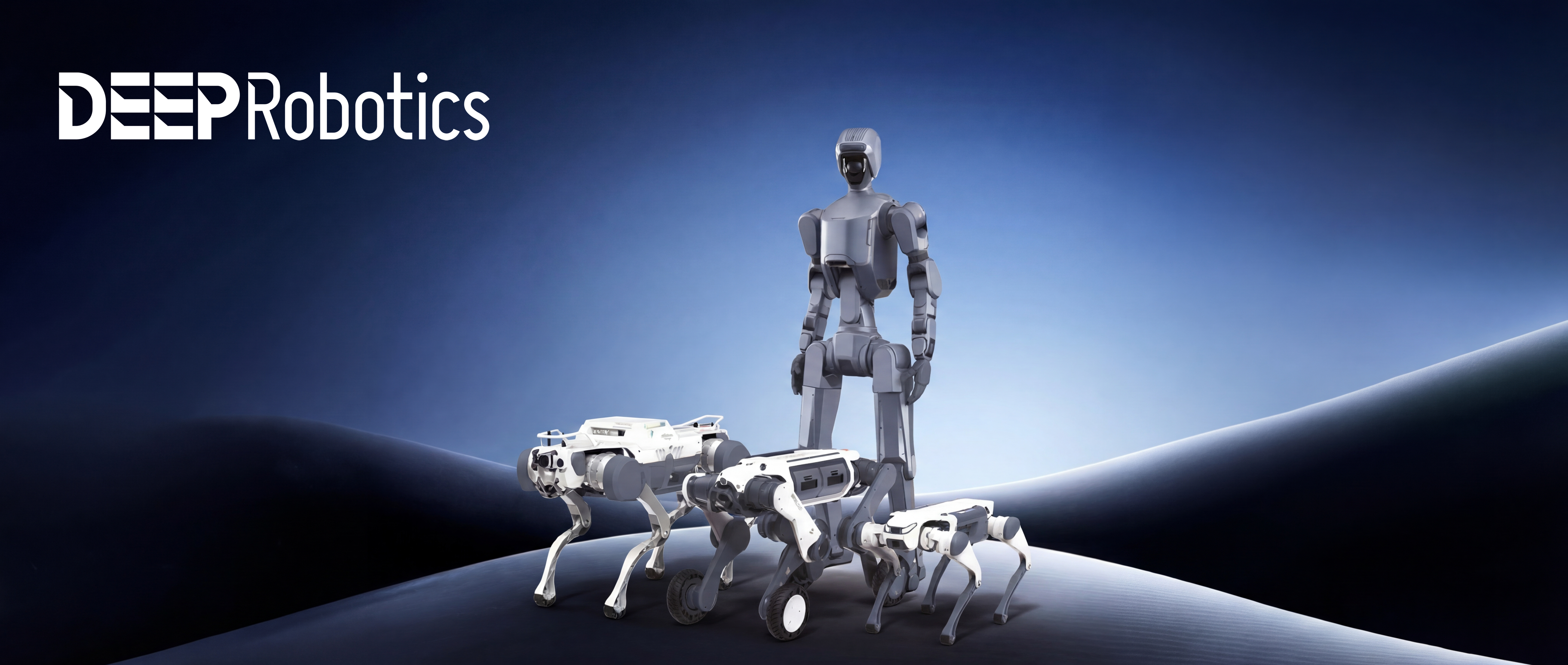 DEEP Robotics X30, LYNX M20, and Lite3 quadruped robots alongside the DR02 humanoid robot, showcasing advanced autonomous solutions for industrial inspection, security, logistics, research, and emergency response in diverse and extreme environments.