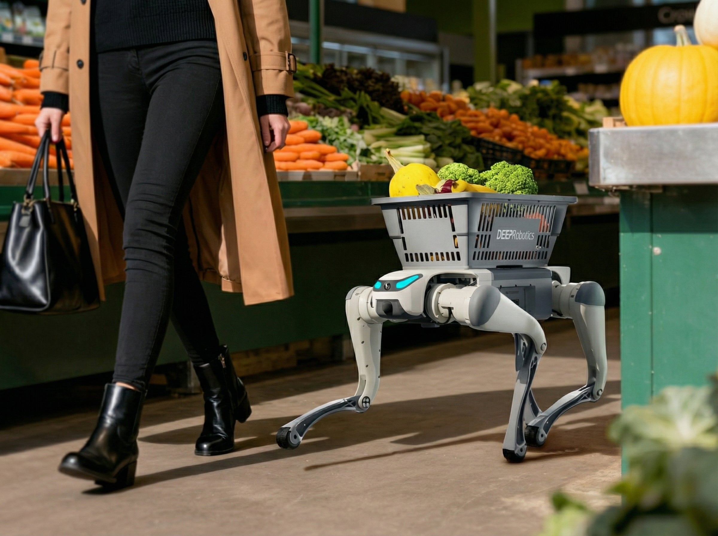 A DEEP Robotics Lite3 quadruped robot, equipped with a shopping basket filled with groceries like a pumpkin and broccoli, walks alongside a person in a supermarket aisle. This AI-powered robot demonstrates its capability as a personal assistant for daily living, offering home assistance and companionship.