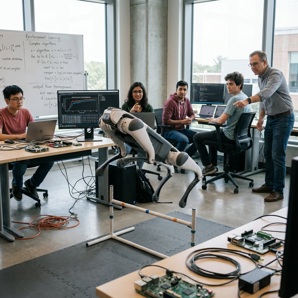 DEEP Robotics Lite3 quadruped robot actively jumping over a small hurdle in a university robotics lab, surrounded by students and a professor, demonstrating advanced locomotion and the practical application of reinforcement learning in an educational setting.