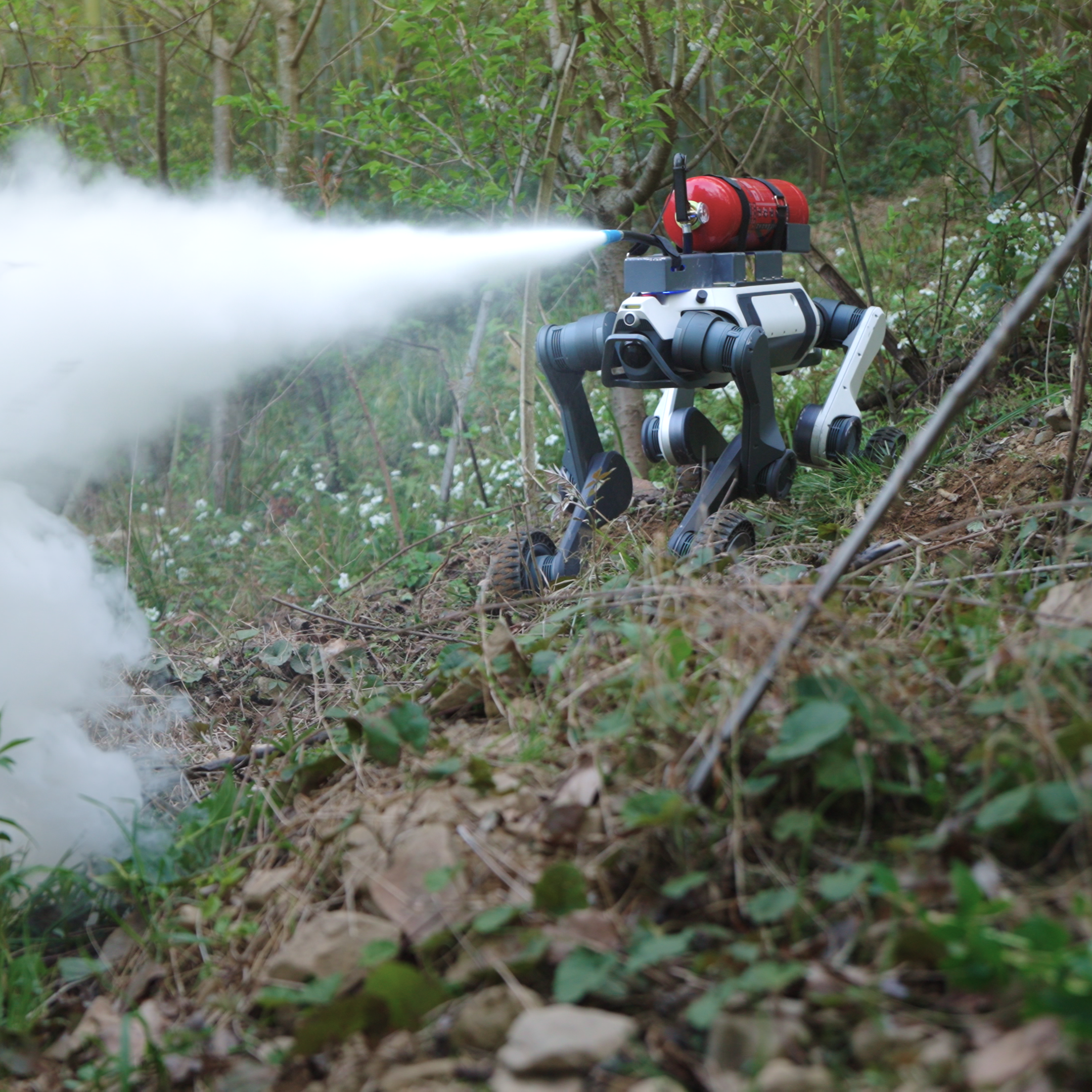 DEEP Robotics Lynx M20 Pro wheeled-legged quadruped robot deploying a fire extinguishing agent (white mist) in a natural, overgrown environment. The IP66-rated robot, equipped with LiDAR and cameras, is designed for emergency response and navigating challenging terrains like this for hazardous missions.