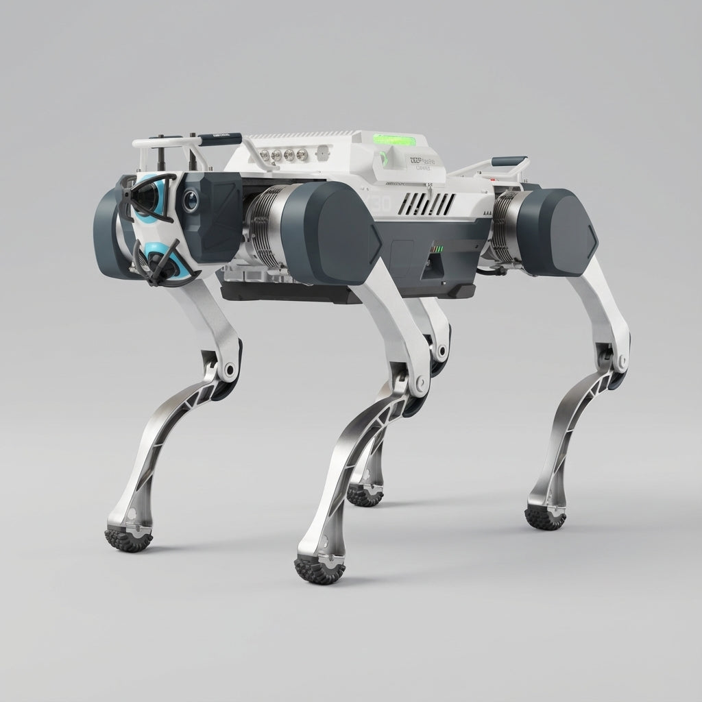 DEEP Robotics X30 industrial quadruped robot captured in a professional commercial product shot, standing on a clean, neutral background under studio softbox lighting. The image highlights its sleek, modular design and advanced sensor array, demonstrating its capability for autonomous inspection and navigation in challenging industrial environments.