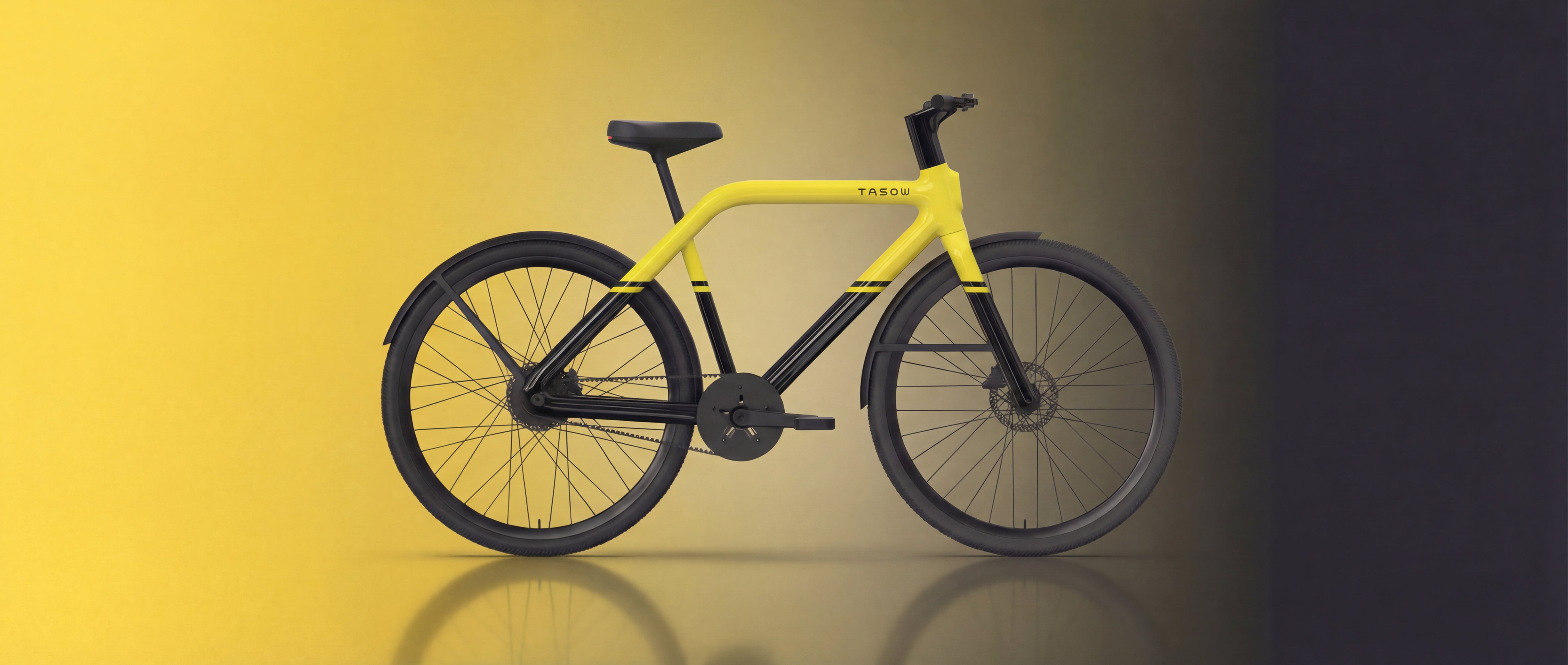 A sleek, modern TASOW urban commuter e-bike in yellow and black, featuring a durable frame, belt drive, and disc brakes, designed for efficient city travel and a comfortable riding experience.