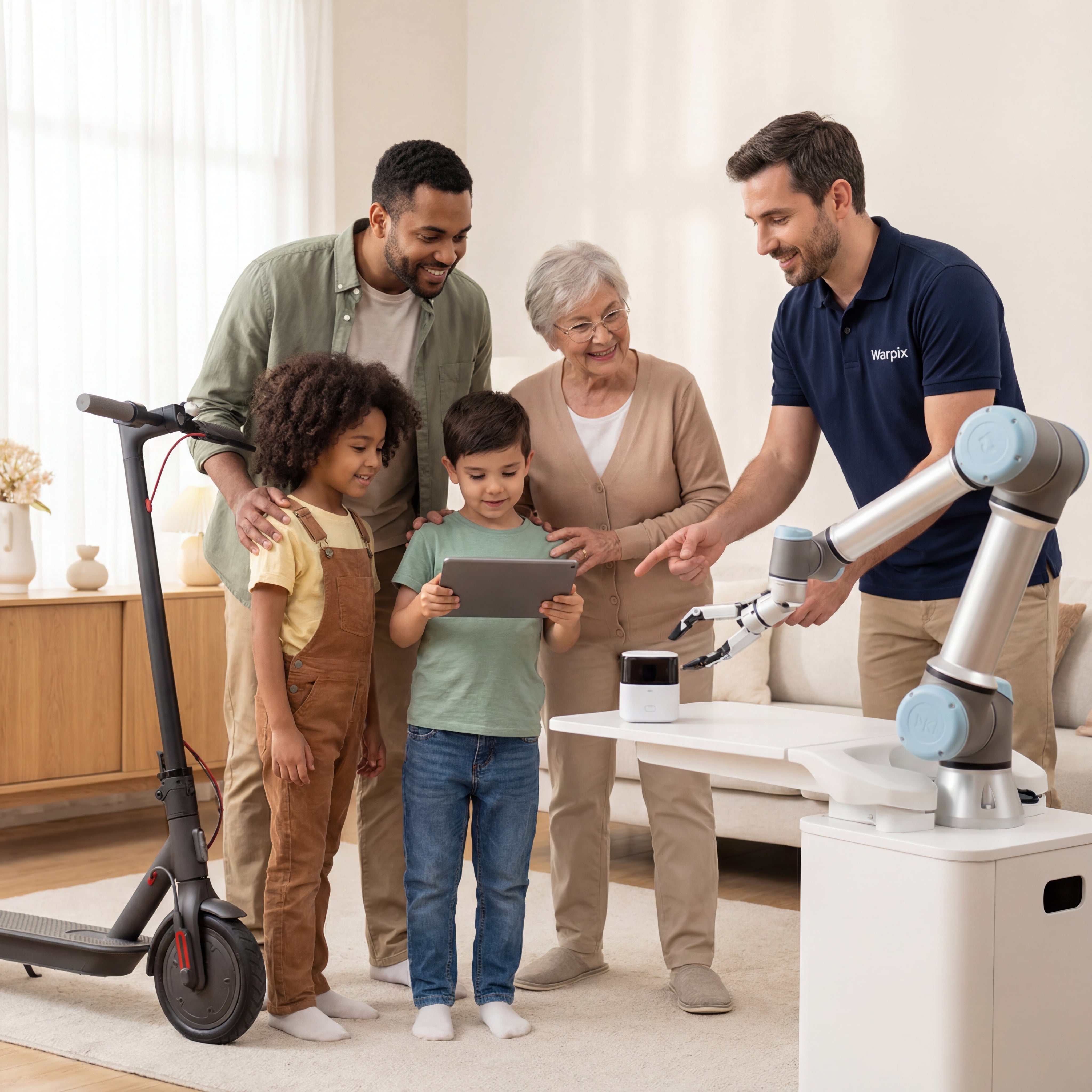 A Warpix representative demonstrates a collaborative robot arm to a multi-generational family, including children and an elderly woman, in a modern home. A child interacts with the robot using a tablet, while an electric scooter stands nearby, showcasing Warpix's range of smart home and mobility technology for future living.