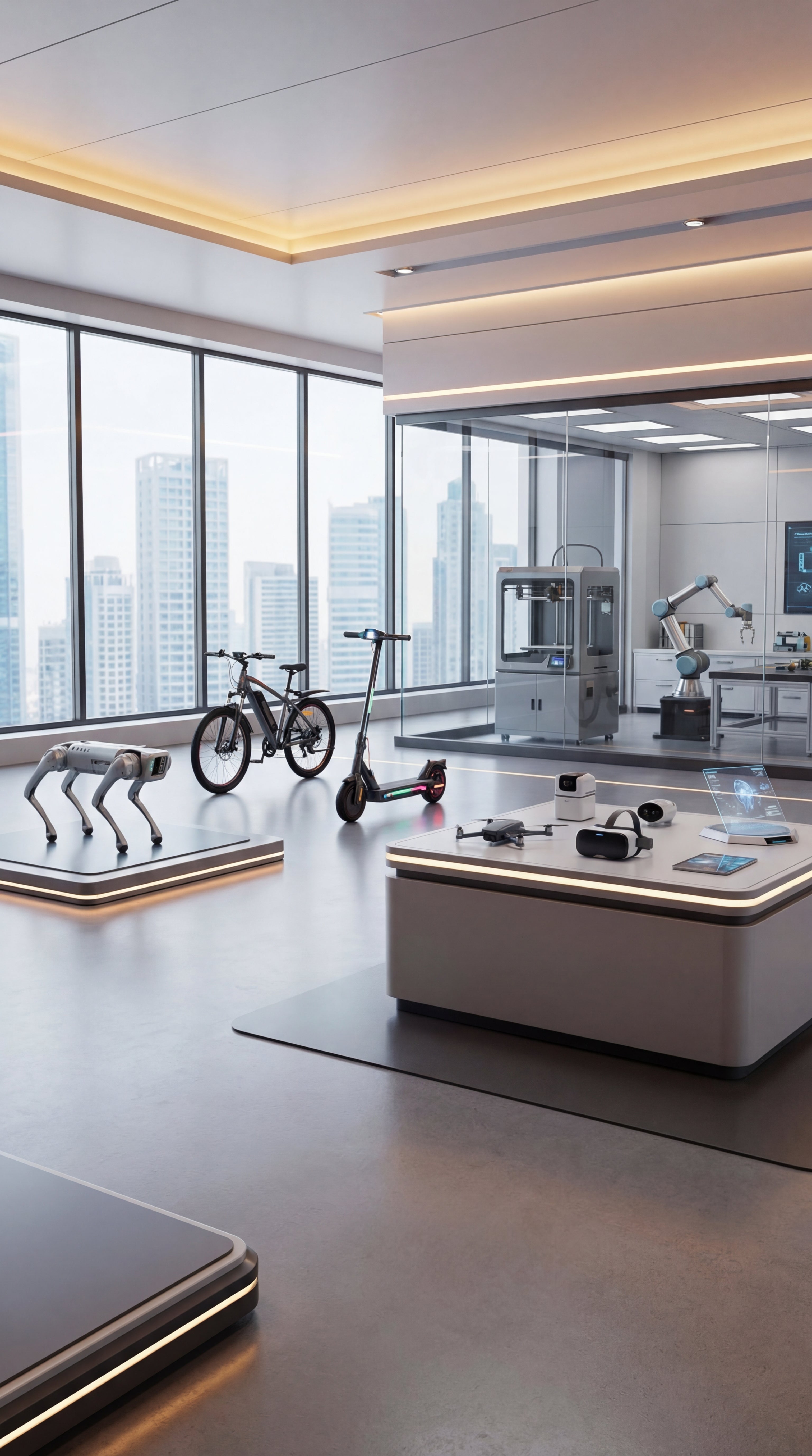 Warpix innovation showroom featuring advanced technology products, including a quadruped robot for inspection and logistics, an e-bike and electric scooter for smart urban commuting, an industrial 3D printer for rapid prototyping and manufacturing, a collaborative robotic arm for automation, a drone for inspections, enterprise VR headsets for training and collaboration, and an interactive holographic display for retail and visualization.