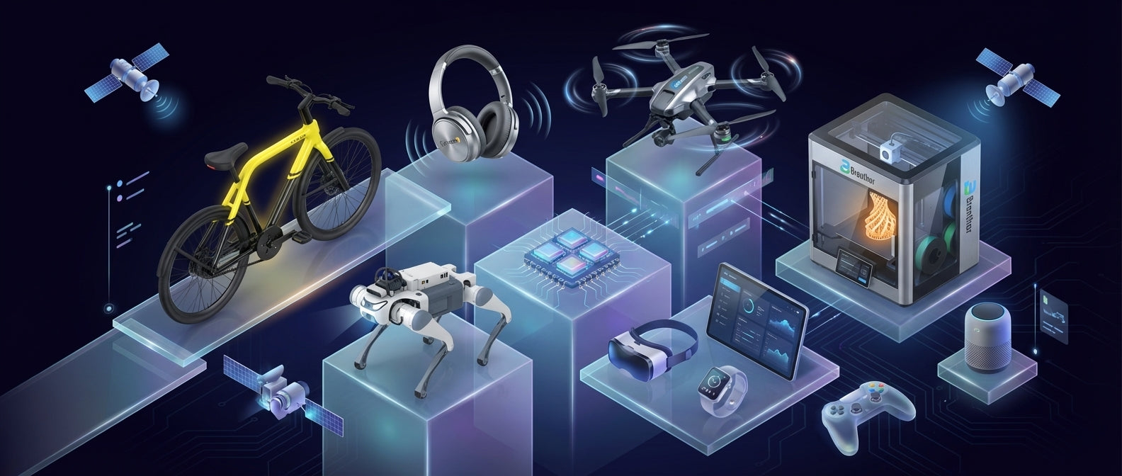 Warpix product collection showcasing diverse smart technology devices for modern living and industry, including a yellow e-bike, silver wireless headphones, a quadcopter drone, a Breathor 3E 3D printer, a white and grey quadruped robot, a VR headset, a tablet, a smartwatch, a gaming controller, and a smart speaker, all connected by IoT and AI for enhanced automation and digital experiences.