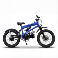 A vibrant blue BMX electric mountain bike, equipped with knobby tires, front suspension, a rear shock, and disc brakes. This e-MTB features a mid-drive electric motor and pedal assist, making it ideal for navigating challenging off-road trails and extended mountain biking adventures.