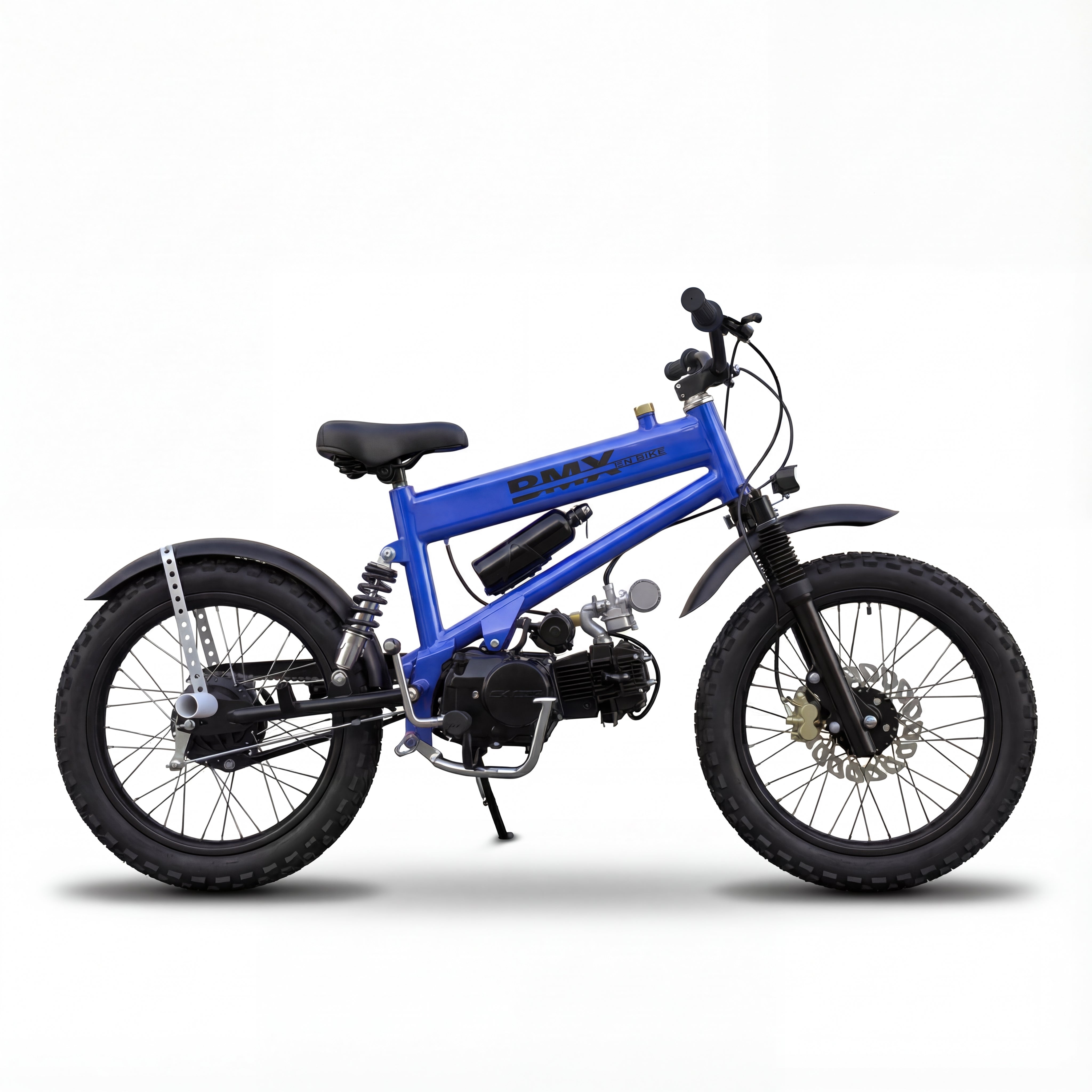 A vibrant blue BMX electric mountain bike, equipped with knobby tires, front suspension, a rear shock, and disc brakes. This e-MTB features a mid-drive electric motor and pedal assist, making it ideal for navigating challenging off-road trails and extended mountain biking adventures.