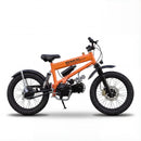 An orange BMX electric mountain bike, featuring a robust frame, visible engine-like motor, front and rear suspension, disc brakes, and aggressive knobby tires, suitable for off-road trails and urban riding.