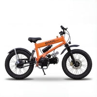 An orange BMX electric mountain bike, featuring a robust frame, visible engine-like motor, front and rear suspension, disc brakes, and aggressive knobby tires, suitable for off-road trails and urban riding.