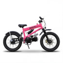 A vibrant pink BMX electric mountain bike with full suspension, knobby tires, and disc brakes, designed for off-road trail riding and adventure. This e-MTB features a robust frame and is ready for outdoor exploration.