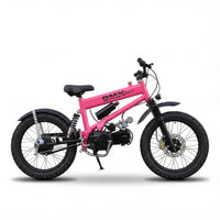 A vibrant pink BMX electric mountain bike with full suspension, knobby tires, and disc brakes, designed for off-road trail riding and adventure. This e-MTB features a robust frame and is ready for outdoor exploration.