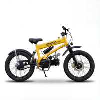 Yellow BMX electric mountain bike (e-MTB) with a mid-drive motor and integrated downtube battery, featuring front suspension, knobby off-road tires, and disc brakes, designed for trail riding and outdoor adventures.