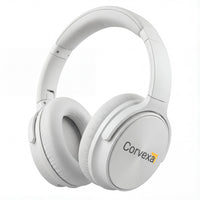 A pair of white Corvexa wireless over-ear headphones featuring Bluetooth connectivity and active noise cancellation, designed for immersive audio experiences, hands-free calls, and comfortable extended wear, ideal for commuting, work, and entertainment.