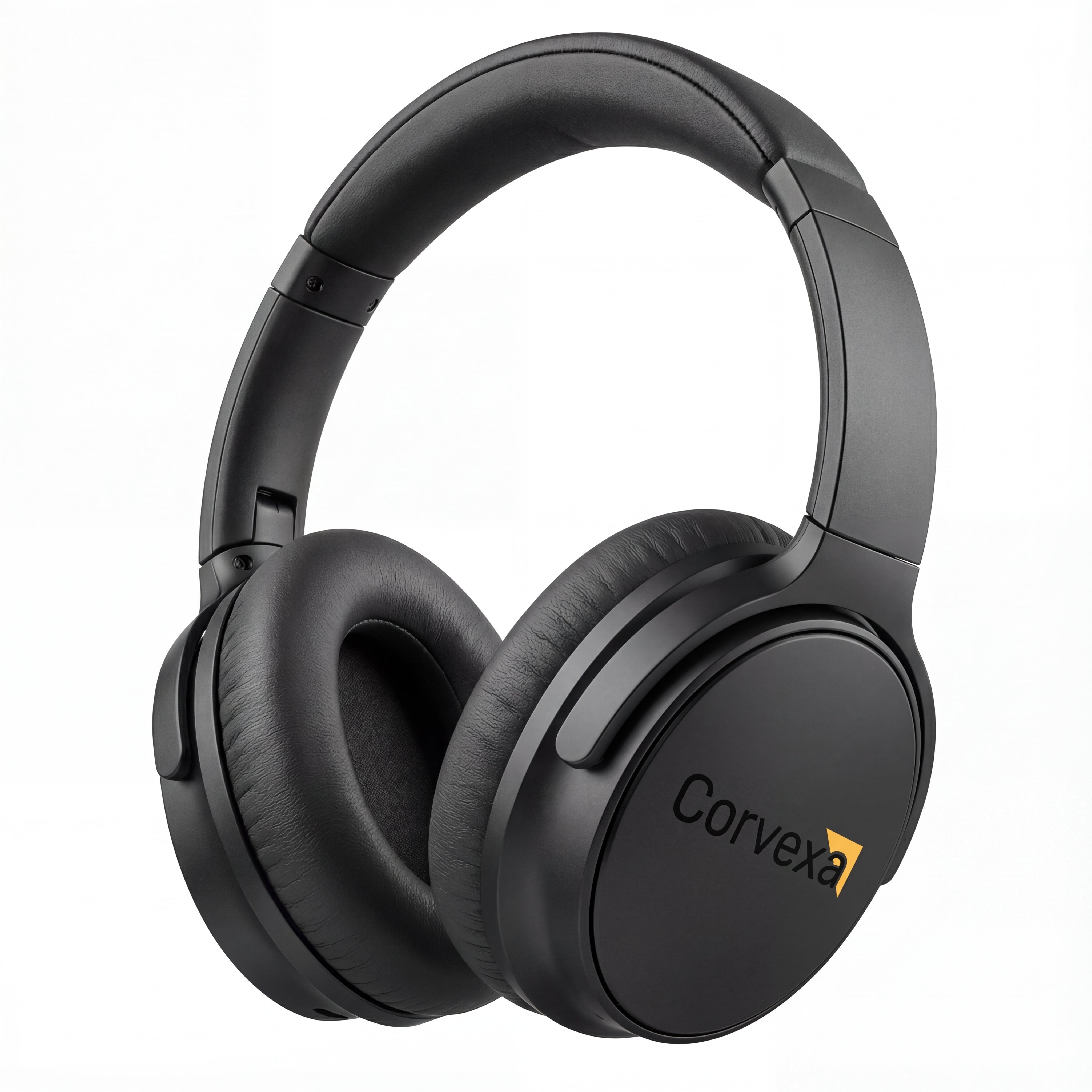 A pair of black Corvexa wireless over-ear headphones, designed for immersive sound and comfortable listening. These Bluetooth headphones feature active noise cancellation and a built-in microphone, providing a rich audio experience with a wide 3D soundstage.