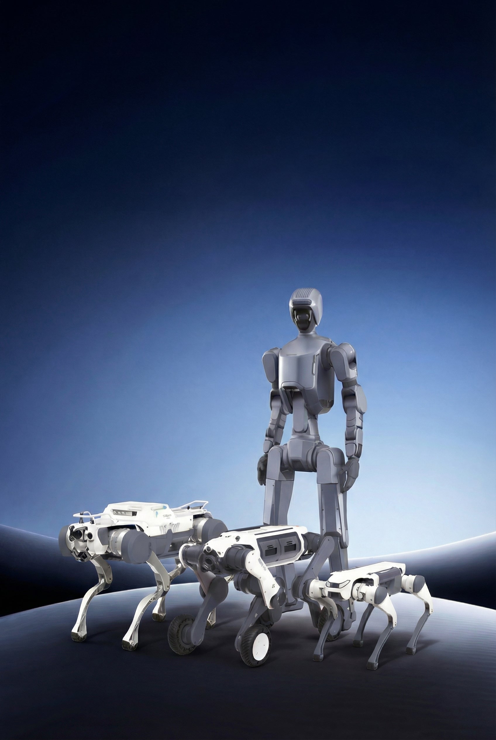 A DEEP Robotics DR02 humanoid robot stands prominently behind three quadruped robots: a DEEP Robotics X30, a DEEP Robotics Lynx M20 wheeled-legged robot, and a DEEP Robotics Lite3. The robots are displayed against a gradient blue background, showcasing advanced autonomous platforms for industrial inspection, emergency response, research, and logistics. The DR02 is an all-weather industrial humanoid with IP66 protection and multi-sensor perception. 