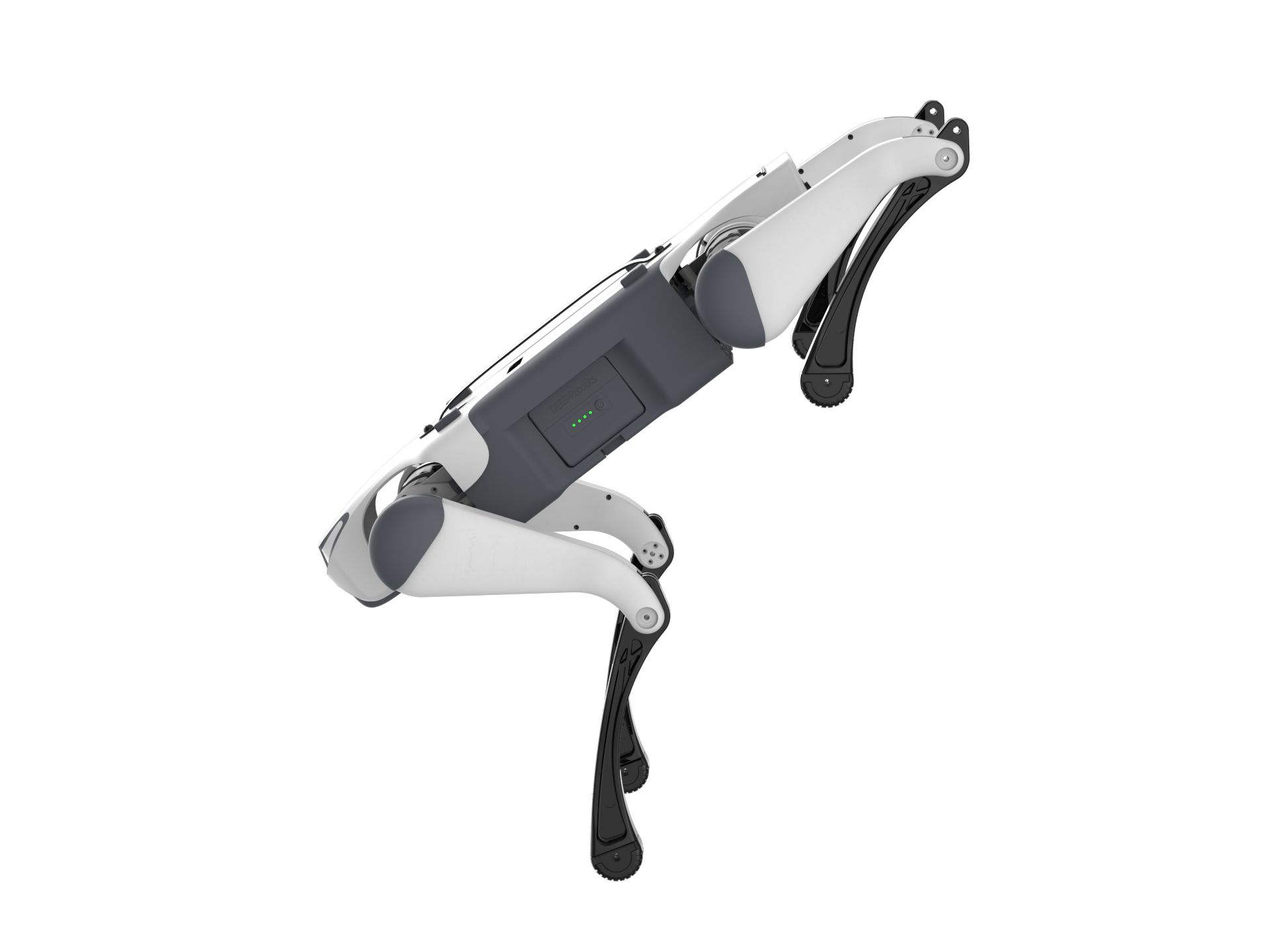 A sleek white and grey DEEP Robotics Lite3 Basic quadruped robot, resembling a robotic dog, stands with its four black legs poised. The robot features a modular design with visible battery indicator lights, showcasing its advanced mobility and autonomous navigation capabilities for industrial inspection, search and rescue, and educational applications, leveraging AI and sensor technology.