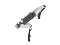 A sleek white and grey DEEP Robotics Lite3 Basic quadruped robot, resembling a robotic dog, stands with its four black legs poised. The robot features a modular design with visible battery indicator lights, showcasing its advanced mobility and autonomous navigation capabilities for industrial inspection, search and rescue, and educational applications, leveraging AI and sensor technology.