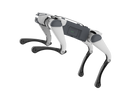 A white and grey DEEP Robotics Lite3 Basic quadruped robot, resembling a robotic dog, is positioned against a black background. The robot features four articulated legs with dark grey lower sections and textured feet, indicating its capability for agile mobility and traversing varied terrain. The main body is sleek, with a visible battery pack on its side displaying four green indicator lights, suggesting it is charged and operational.