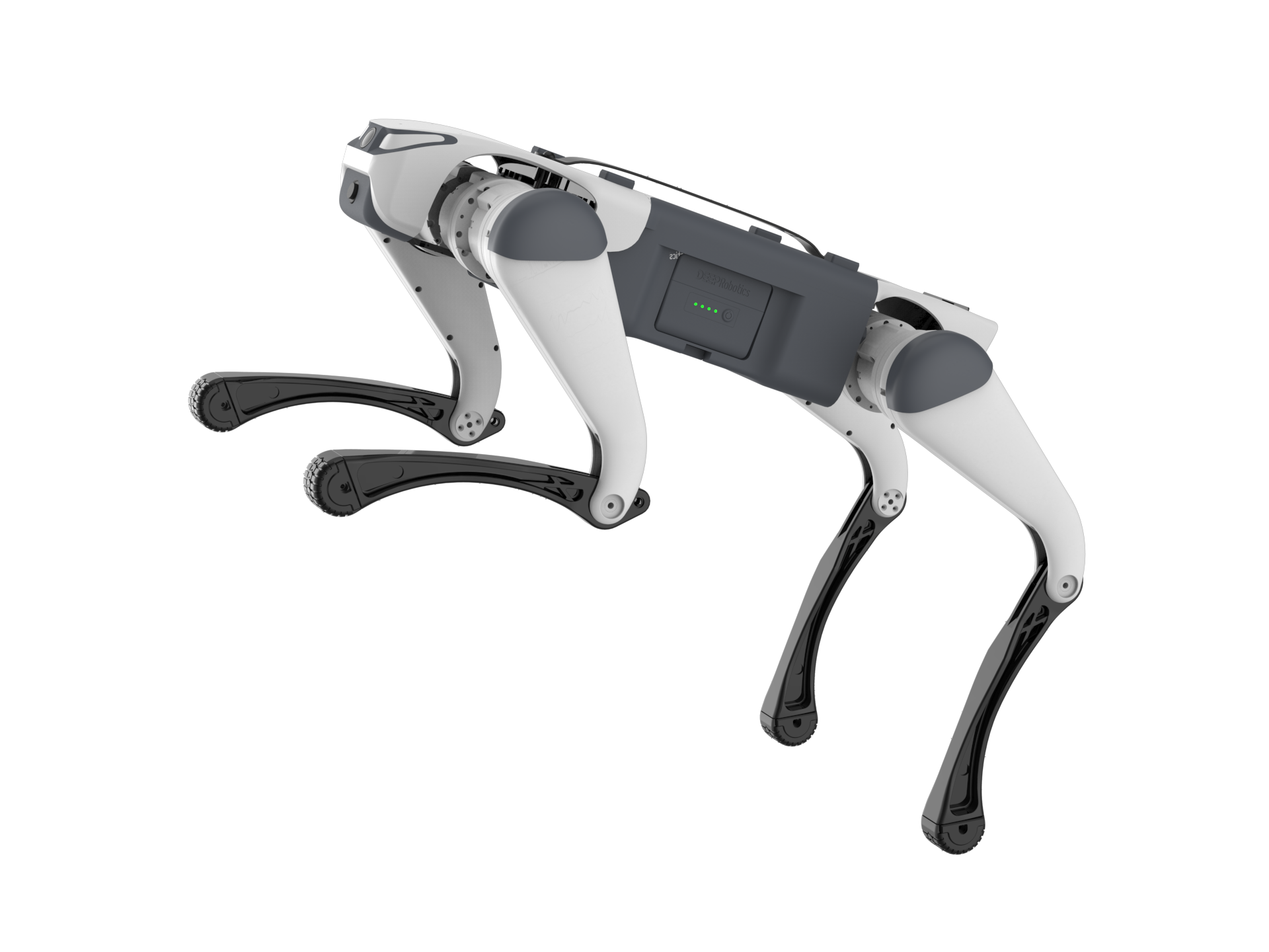 A white and grey DEEP Robotics Lite3 Basic quadruped robot, resembling a robotic dog, is positioned against a black background. The robot features four articulated legs with dark grey lower sections and textured feet, indicating its capability for agile mobility and traversing varied terrain. The main body is sleek, with a visible battery pack on its side displaying four green indicator lights, suggesting it is charged and operational.