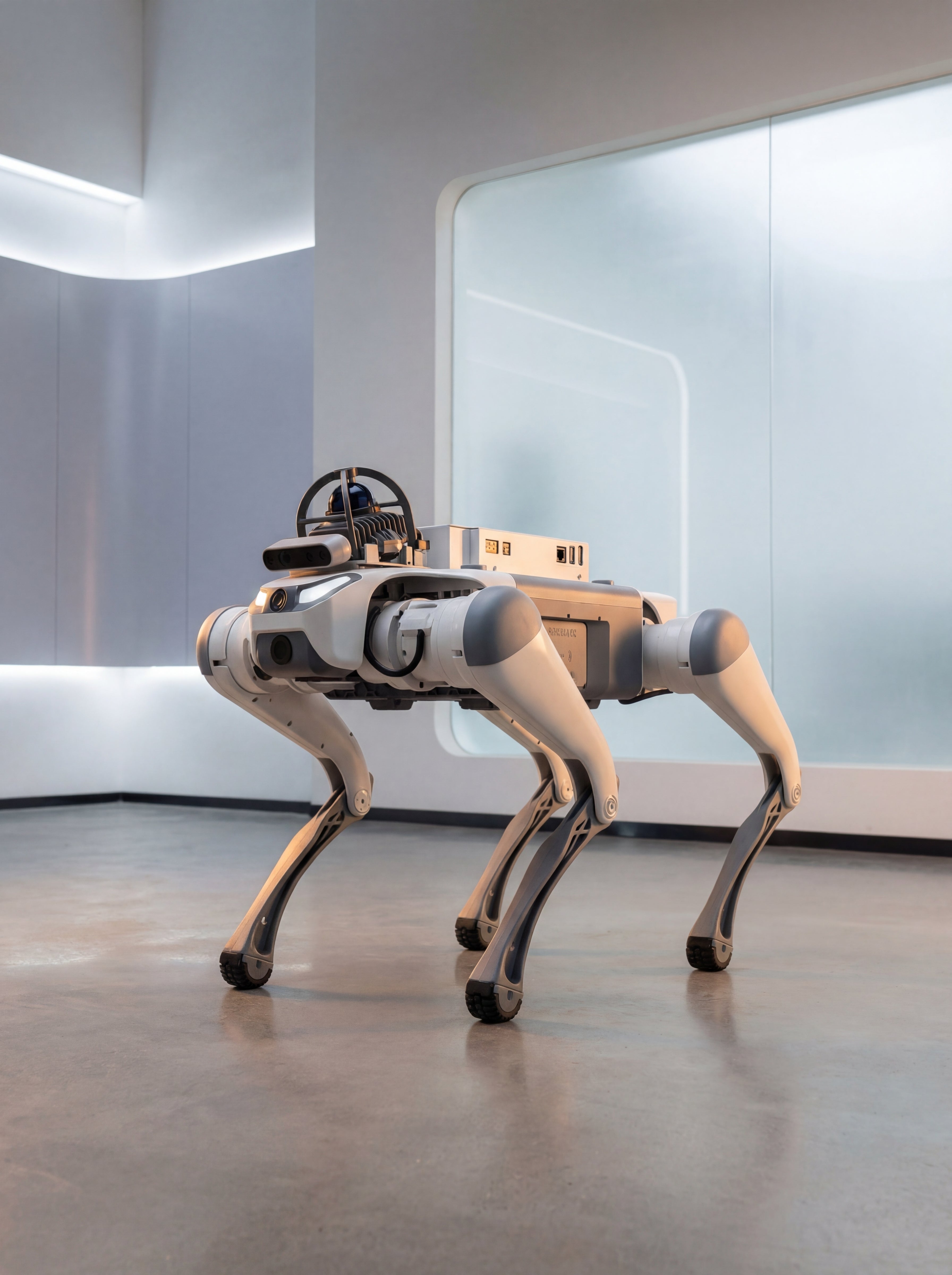 A DEEP Robotics Lite3 LiDAR quadruped robot, white and grey, stands in a modern, brightly lit indoor environment. The robot features a prominent LiDAR sensor module on its back, indicating its advanced capabilities for autonomous navigation, environmental perception, and 3D mapping.