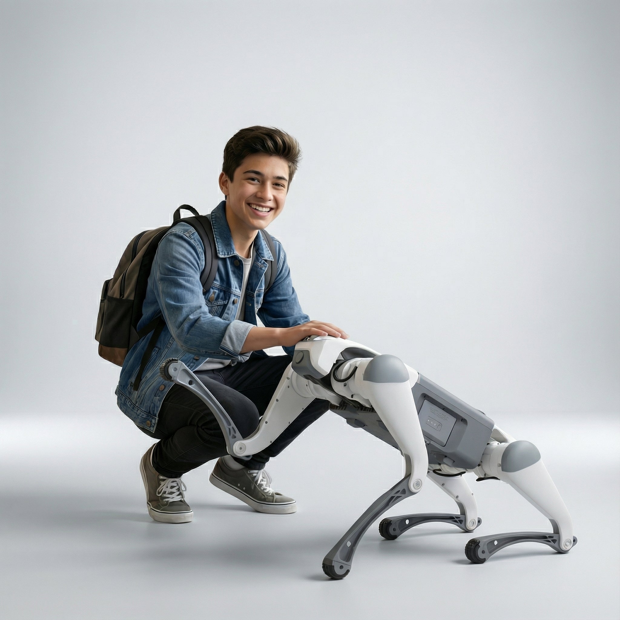 A smiling young man with a backpack crouches next to a white and grey DEEP Robotics Lite3 quadruped robot, emphasizing its role as an AI-powered companion and versatile platform for robotics education and research, capable of advanced mobility and autonomous functions.