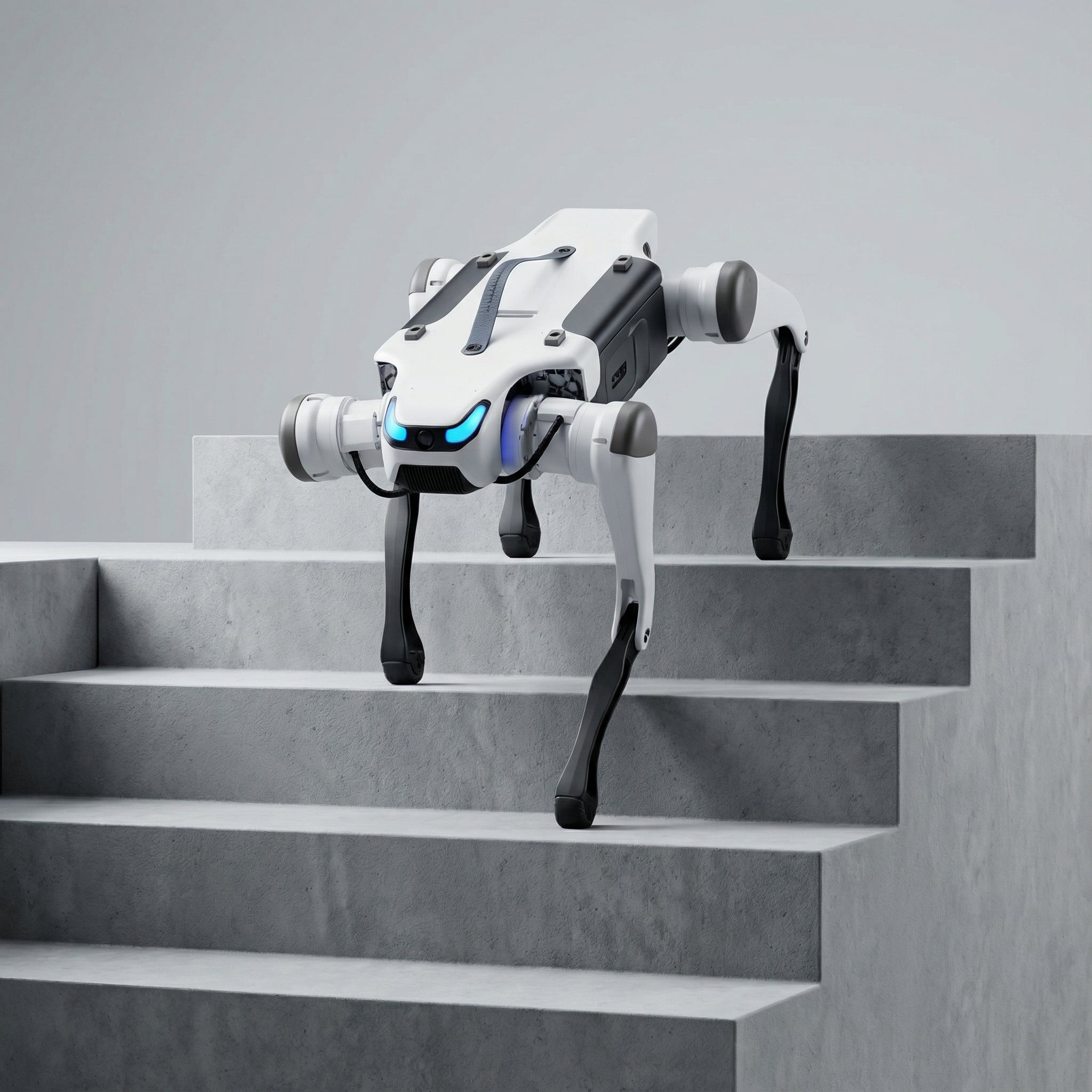 DEEP Robotics Lite3 quadruped robot, in white and black with blue glowing sensors, demonstrating its advanced mobility by climbing concrete stairs. This agile robotic dog is designed for education, research, and industrial applications, featuring AI-driven locomotion, obstacle avoidance, and an open modular structure for versatile real-world use.