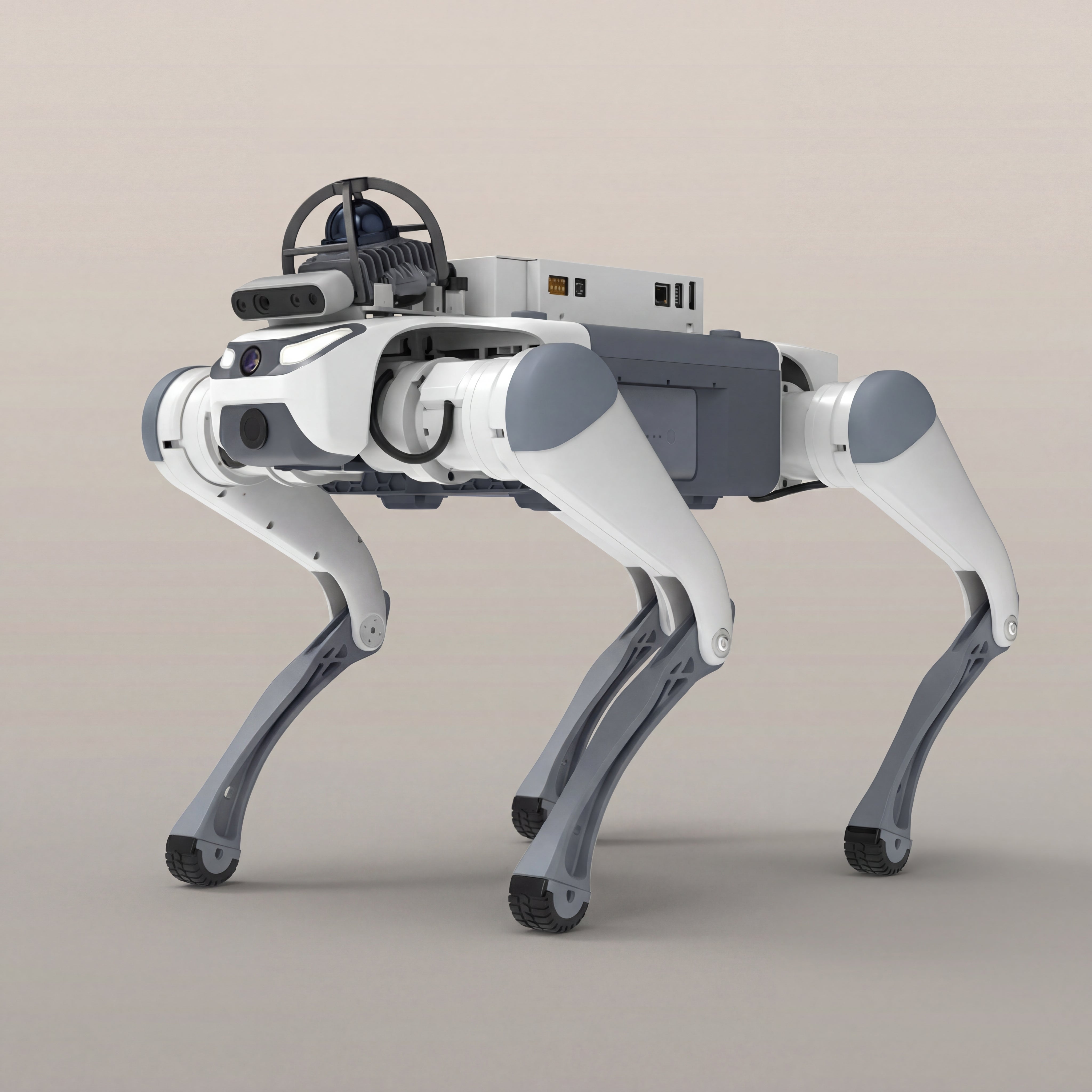 A white and grey DEEP Robotics Lite3 quadruped robot dog, an intelligent mobile platform equipped with advanced sensors and cameras. It is designed for robotics research, education, and industrial inspection, featuring autonomous navigation and obstacle avoidance capabilities.