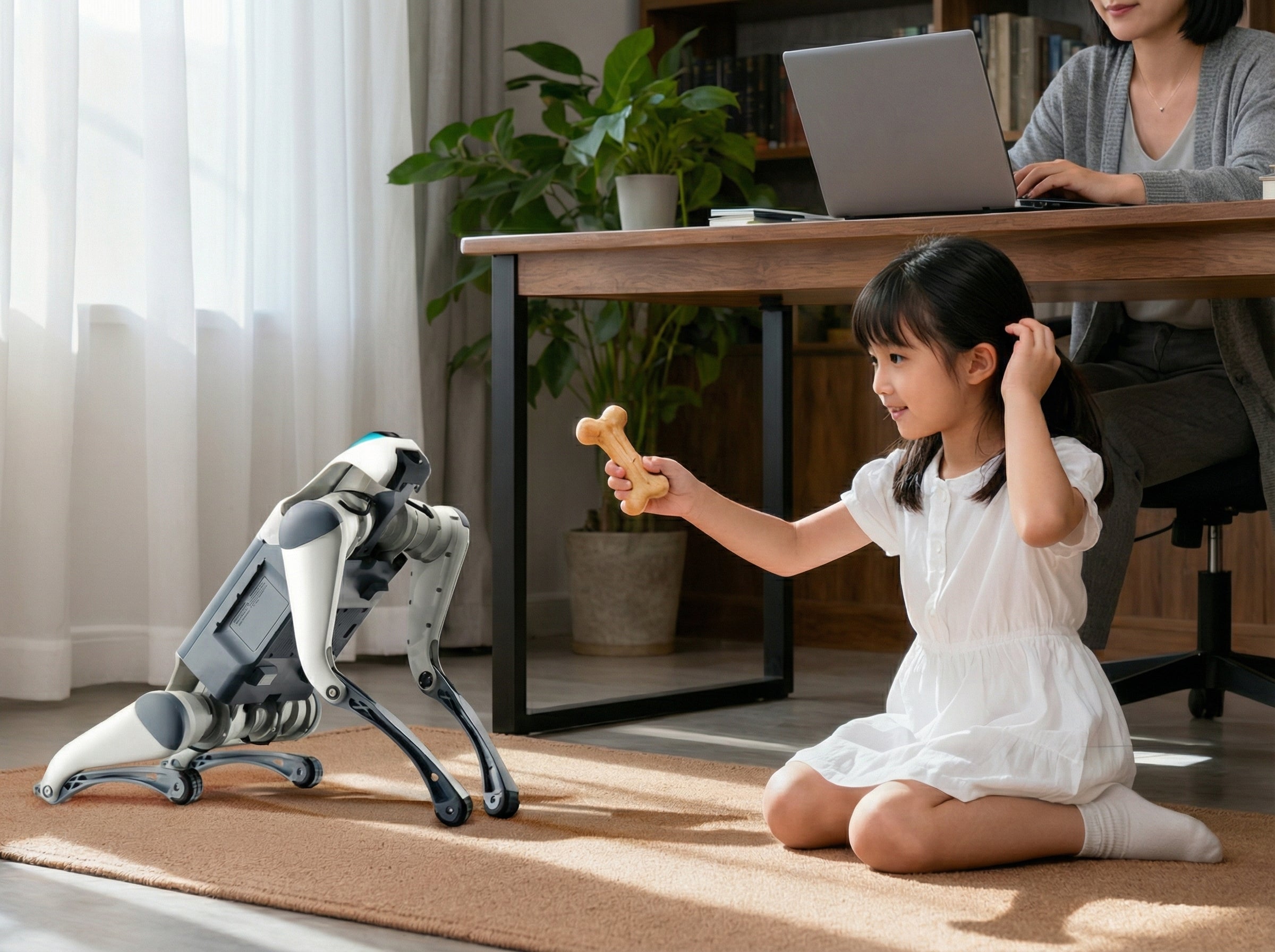 A young girl kneels on a rug, smiling as she holds a bone-shaped toy out to a DEEP Robotics Lite3 quadruped robot. The advanced AI-driven robot dog, designed for education, research, and interactive companionship, is positioned to receive the toy, demonstrating playful human-robot interaction in a home setting. The Lite3 features an open modular structure and supports advanced development for applications like AI motion learning and visual perception.