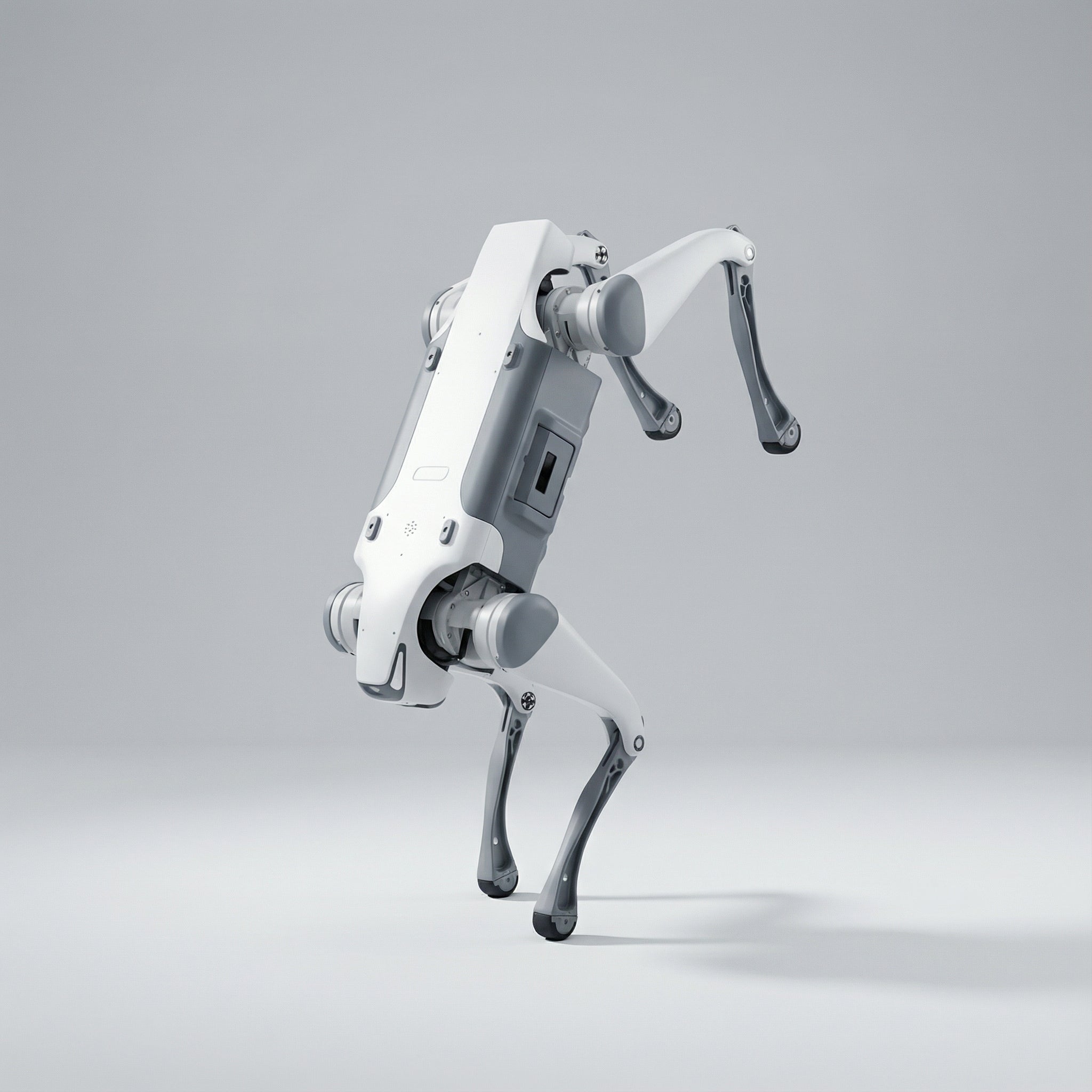 A white and grey DEEP Robotics Lite3 quadruped robot dog in a dynamic, agile pose, demonstrating its high-performance motors and advanced maneuverability. This robot is designed for academic research, industrial inspection, and robotics education, featuring enhanced joint torque and real-time control for complex actions and diverse terrains.