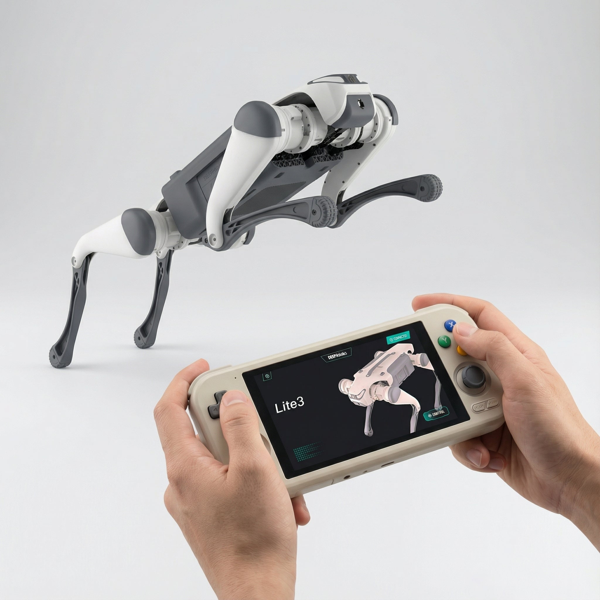 A DEEP Robotics Lite3 quadruped robot stands next to a person holding its handheld controller. The screen of the controller displays a 3D model of the Lite3 robot. The Lite3 is an advanced robot dog designed for education, research, and entertainment, offering full-range control, advanced mobility, and an open modular structure for developing AI-driven applications like autonomous navigation and inspection.