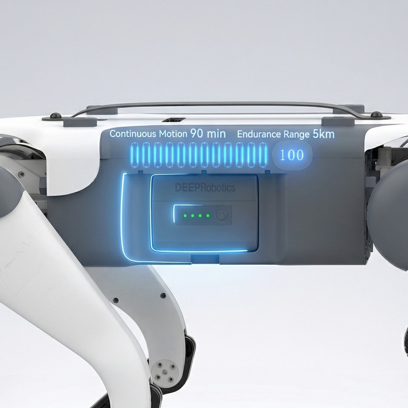 Close-up view of the DEEP Robotics Lite3 quadruped robot's high-capacity battery compartment, displaying 'Continuous Motion 90 min' and 'Endurance Range 5km' with a 100% charge indicator. This advanced robotic dog is designed for extended operation in academic research, industrial inspection, and outdoor exploration, leveraging its long-lasting power for enhanced autonomy and efficiency.