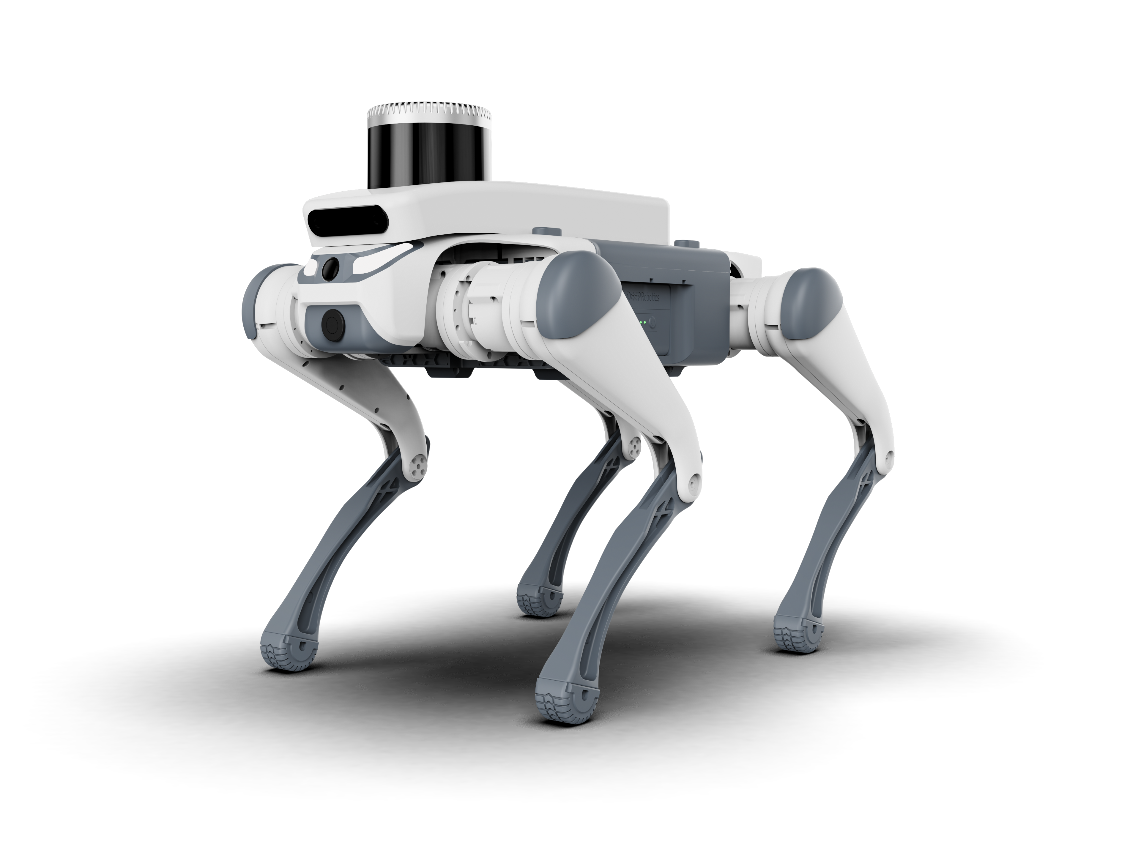 A DEEP Robotics Lite3 quadruped robot, white and grey, featuring a prominent black and silver LiDAR sensor on its back, demonstrating advanced capabilities for autonomous navigation, environmental perception, inspection, research, and education in challenging environments.