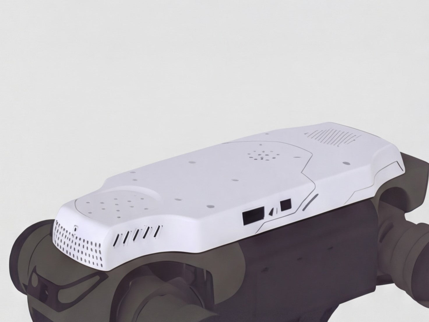 A close-up view of the DEEP Robotics Lite3 quadruped robot featuring its white onboard AI module, designed for Large Language Model (LLM) tasks, enabling advanced voice commands, semantic understanding, and intelligent human-robot interaction.