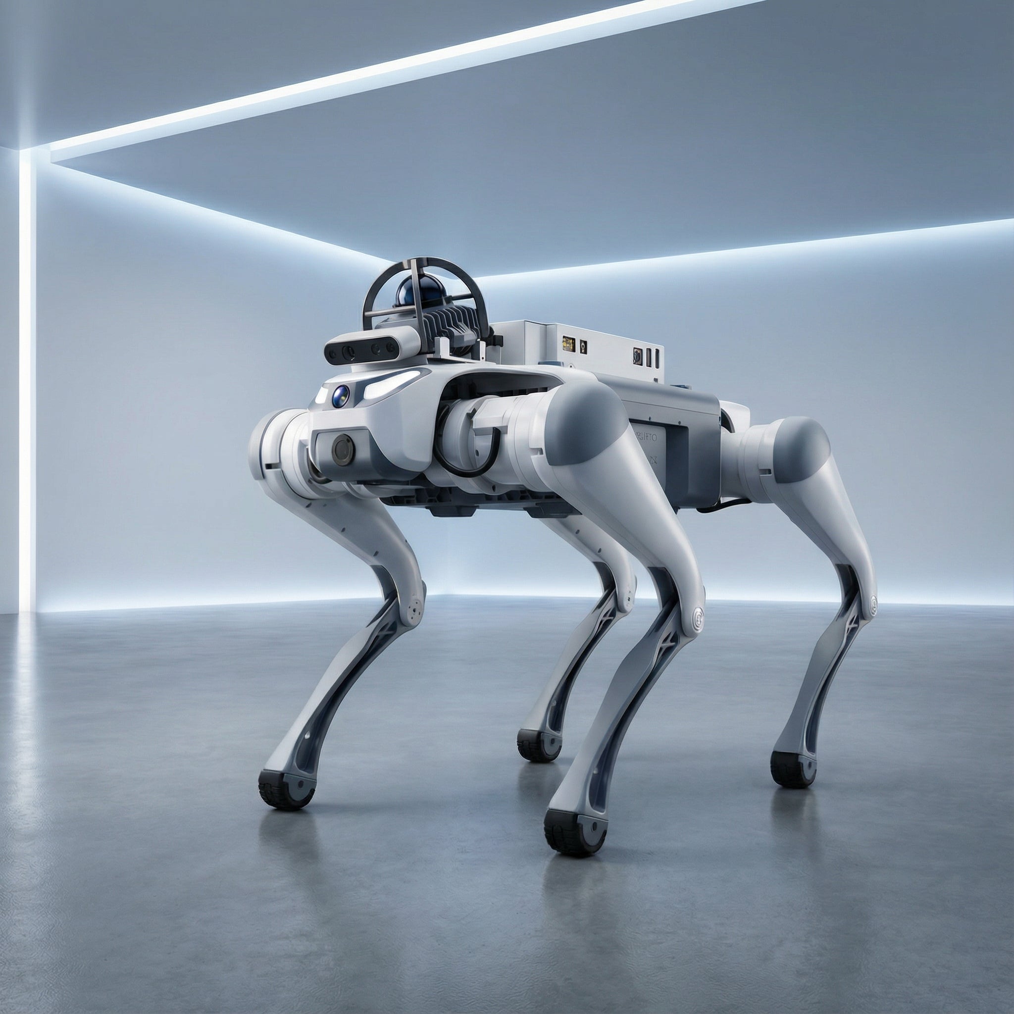 DEEP Robotics Lite3 quadruped robot in a modern, well-lit indoor environment, showcasing its advanced design for robotics research, education, and industrial inspection. This agile robotic dog features integrated sensors, including what appears to be a depth camera and potential LiDAR module, for autonomous navigation, obstacle avoidance, and 3D scanning capabilities, supporting modular expansion and ROS development.