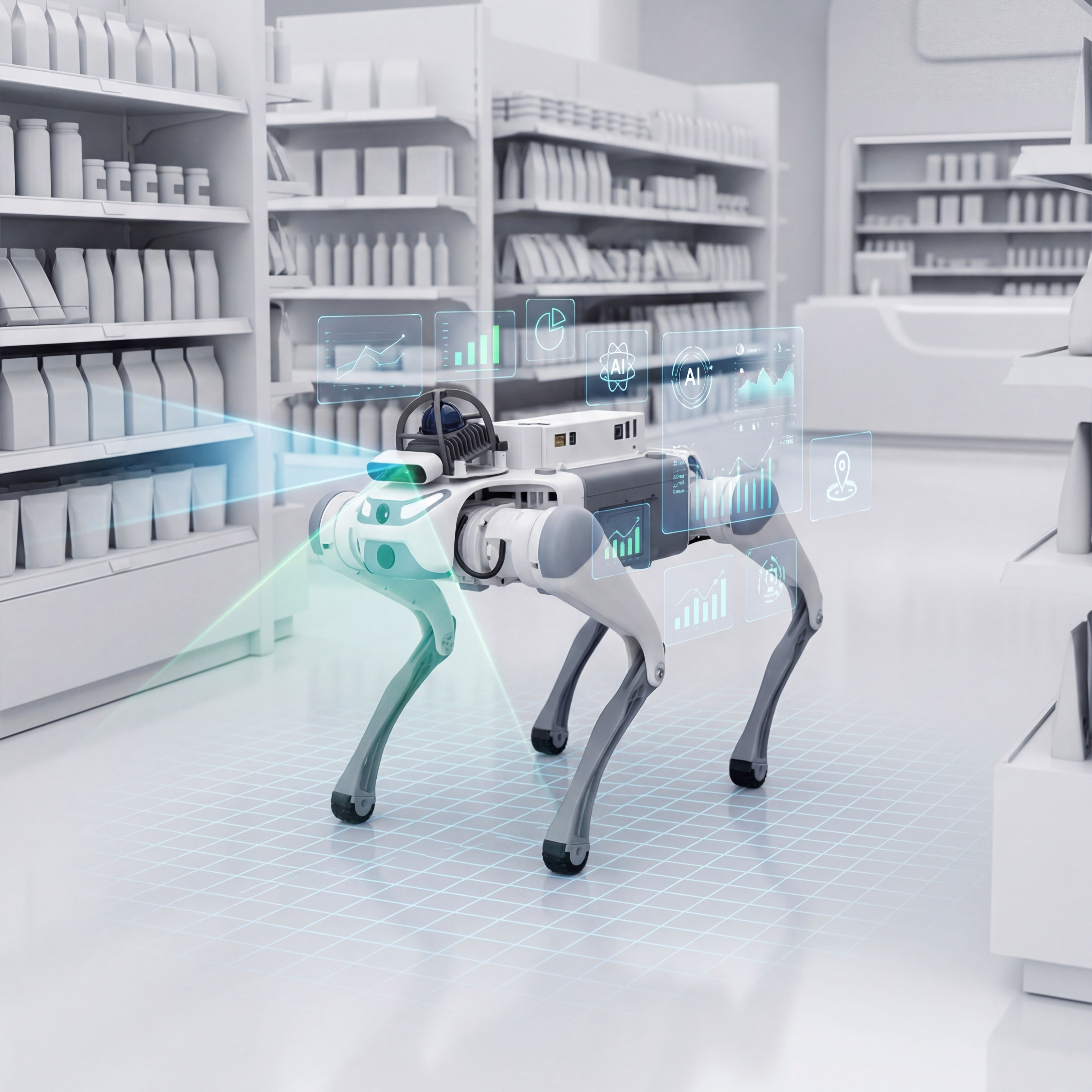 DEEP Robotics Lite3 quadruped robot with AI-powered multimodal sensing performing autonomous inventory inspection in a retail or warehouse environment, displaying real-time data and analytics for smarter operations and enhanced mobility.