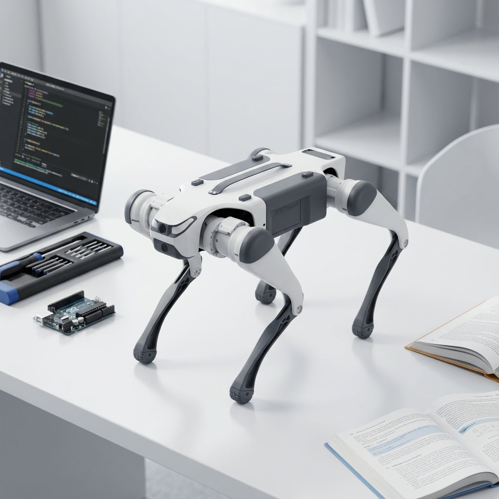 A DEEP Robotics quadruped robot on a clean white desk, positioned next to a laptop displaying programming code, a precision screwdriver set, an Arduino board, and open textbooks. This setup in a modern, minimalist workspace highlights its use for STEM education and hands-on robotics development for technology enthusiasts.