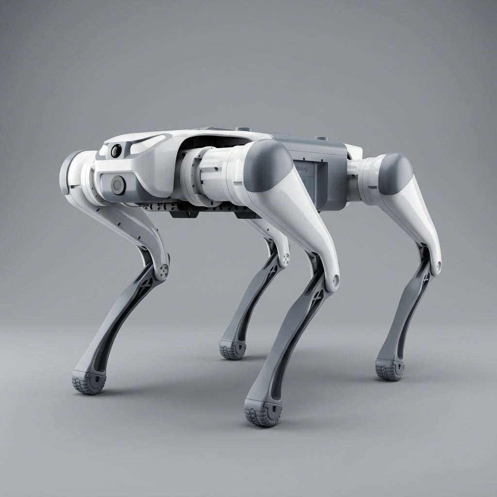 DEEP Robotics Lite3 quadruped robot in a professional studio product shot, featuring a glossy, high-definition finish and sharp focus. The sleek white and gray modular design highlights its advanced capabilities for research, education, and industrial applications.