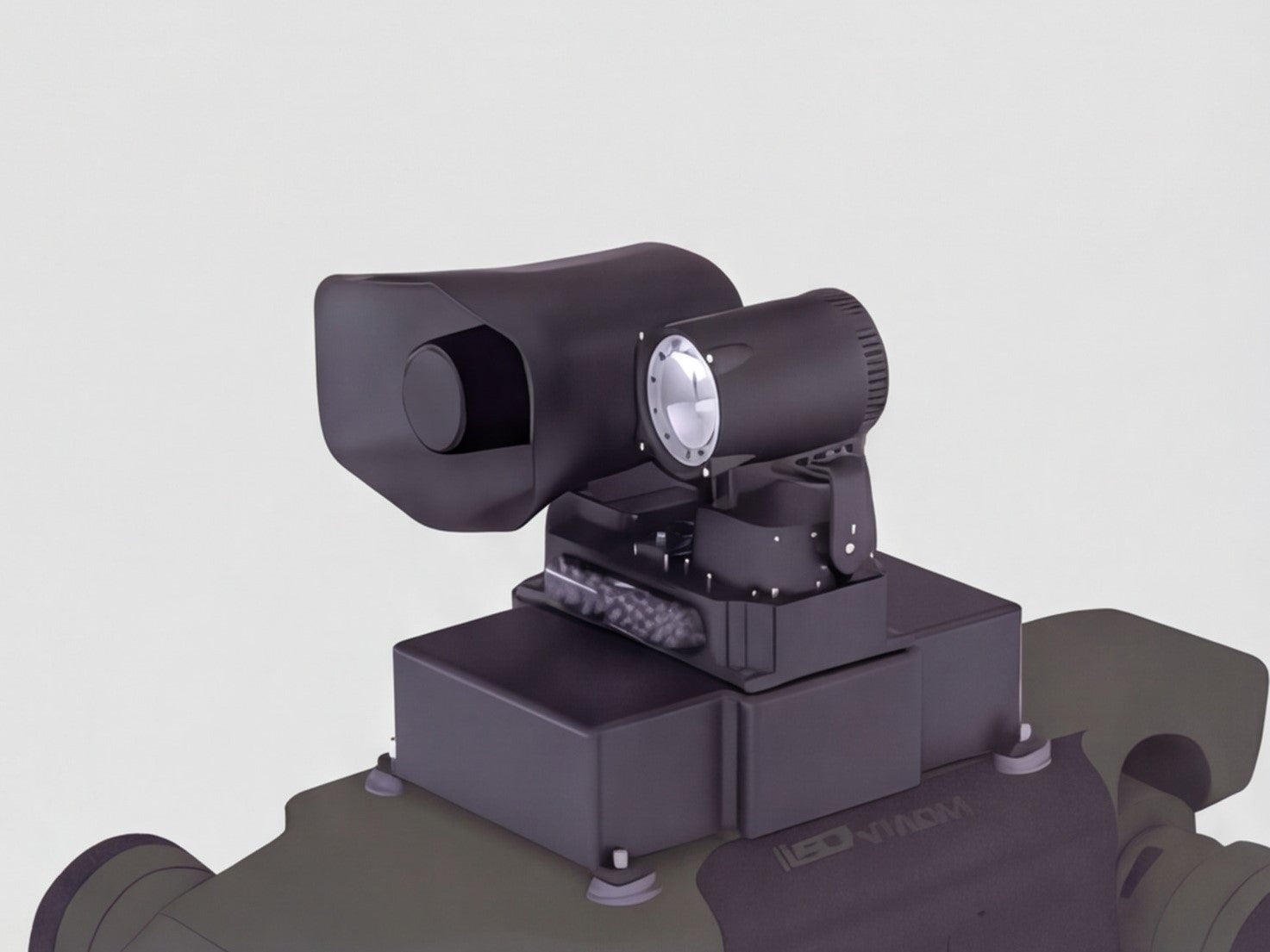 The DEEP Robotics Lite3 quadruped robot's Three-in-One Module, featuring a megaphone for communication, a powerful searchlight for illumination, and red and blue flashing lights for signaling. This multifunctional module enhances the Lite3's capabilities for security, emergency response, and public interaction scenarios, making it a versatile tool for research and real-world applications.