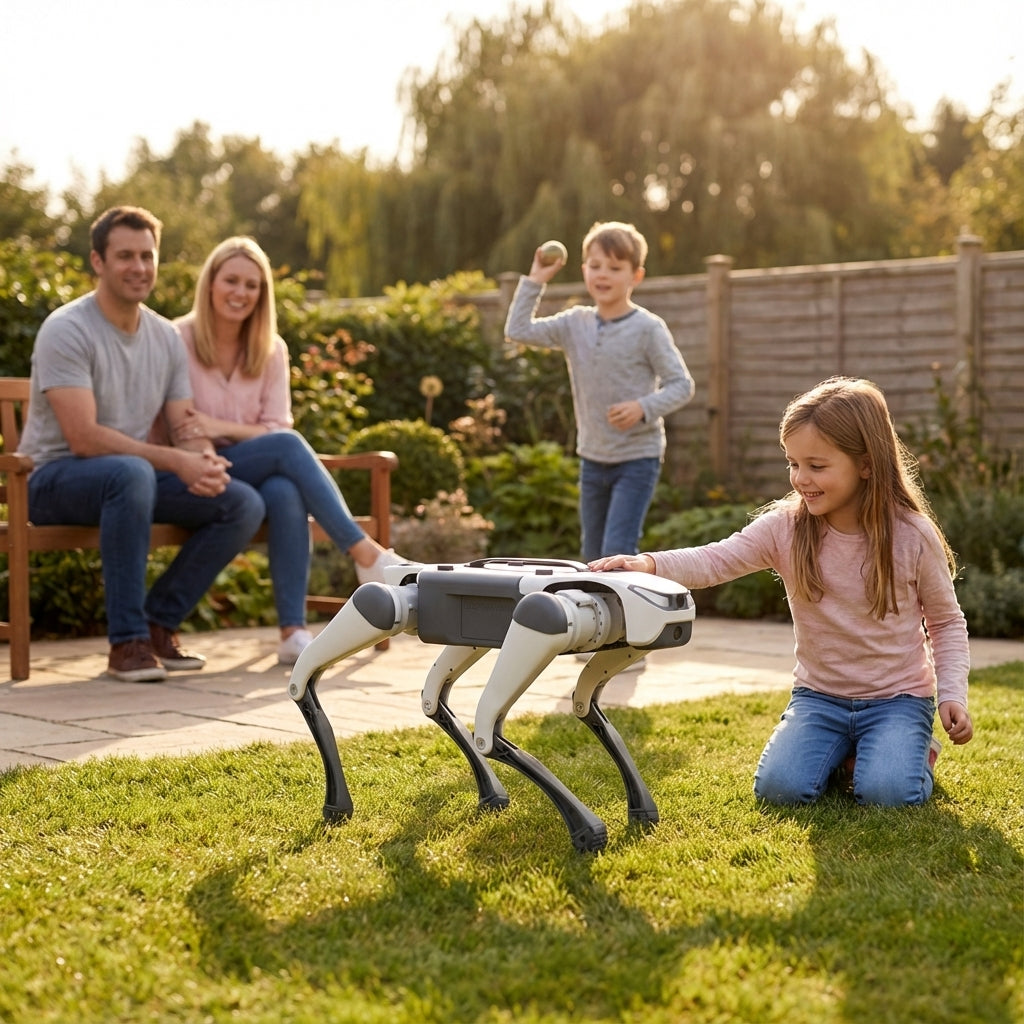 DEEP Robotics Lite3 quadruped robot interacting with a young girl in a sunny backyard, while a family watches. The robot functions as an innovative and engaging companion for families, blending advanced robotics into everyday life.