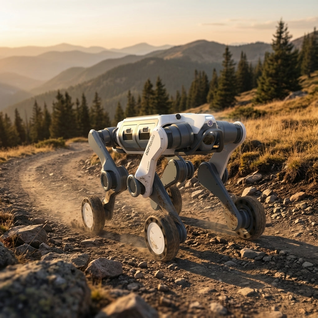 DEEP Robotics LYNX M20 wheeled-legged robot autonomously traversing a winding dirt mountain trail, kicking up dust, at golden hour with distant mountains and pine trees, demonstrating its all-terrain mastery and hybrid locomotion system for challenging environments like industrial inspection or outdoor exploration.