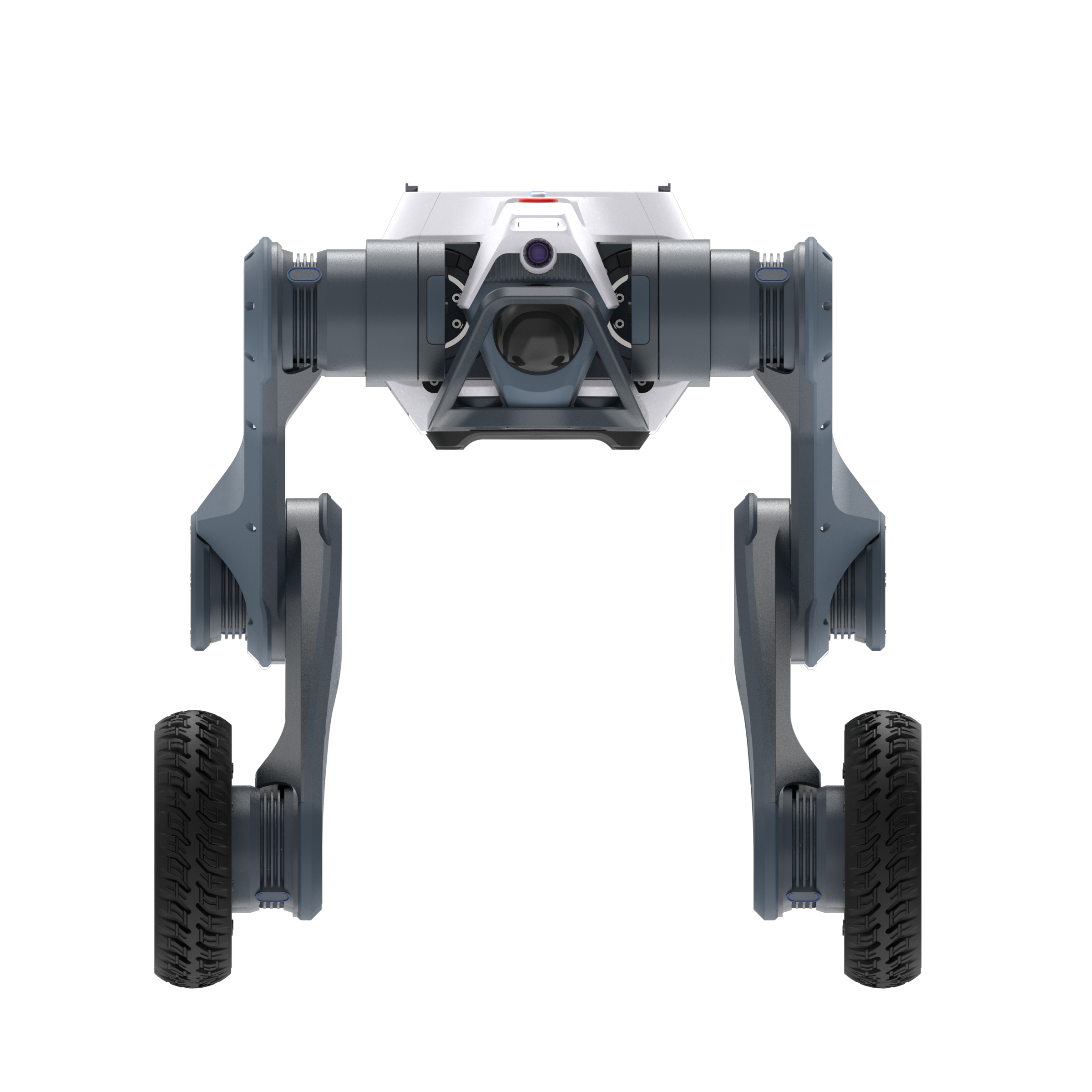 A DEEP Robotics Lynx M20 Pro wheel-legged quadruped robot in a front-facing view. This industrial-grade, all-terrain robot is designed for autonomous navigation, inspection, and emergency response in hazardous and unstructured environments. It features a hybrid locomotion system, LiDAR, and wide-angle cameras for 360-degree environmental perception and omnidirectional obstacle avoidance.