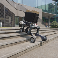 A DEEP Robotics Lynx M20 Pro wheel-legged quadruped robot, equipped with a black delivery bag and a cardboard box, autonomously ascends a set of concrete stairs outdoors. The robot demonstrates its hybrid locomotion by using its wheels and articulated legs to navigate the uneven terrain, showcasing its capability for last-mile delivery and industrial logistics in complex environments.