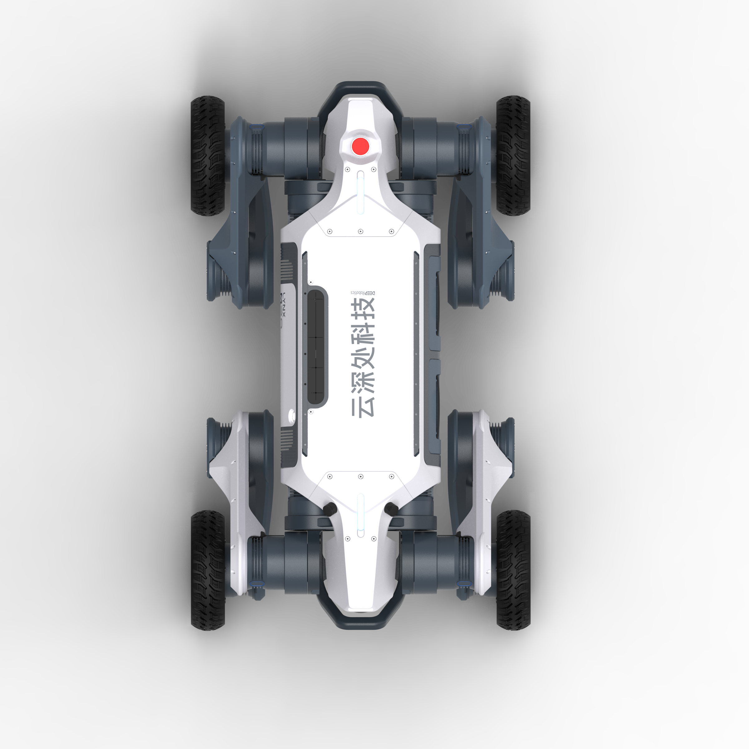 Top-down view of the DEEP Robotics Lynx M20 Pro, a rugged wheel-legged quadruped robot designed for industrial inspection, logistics, and scientific research in challenging environments. It features IP66 protection, LiDAR for autonomous navigation, and a 15 kg payload capacity.