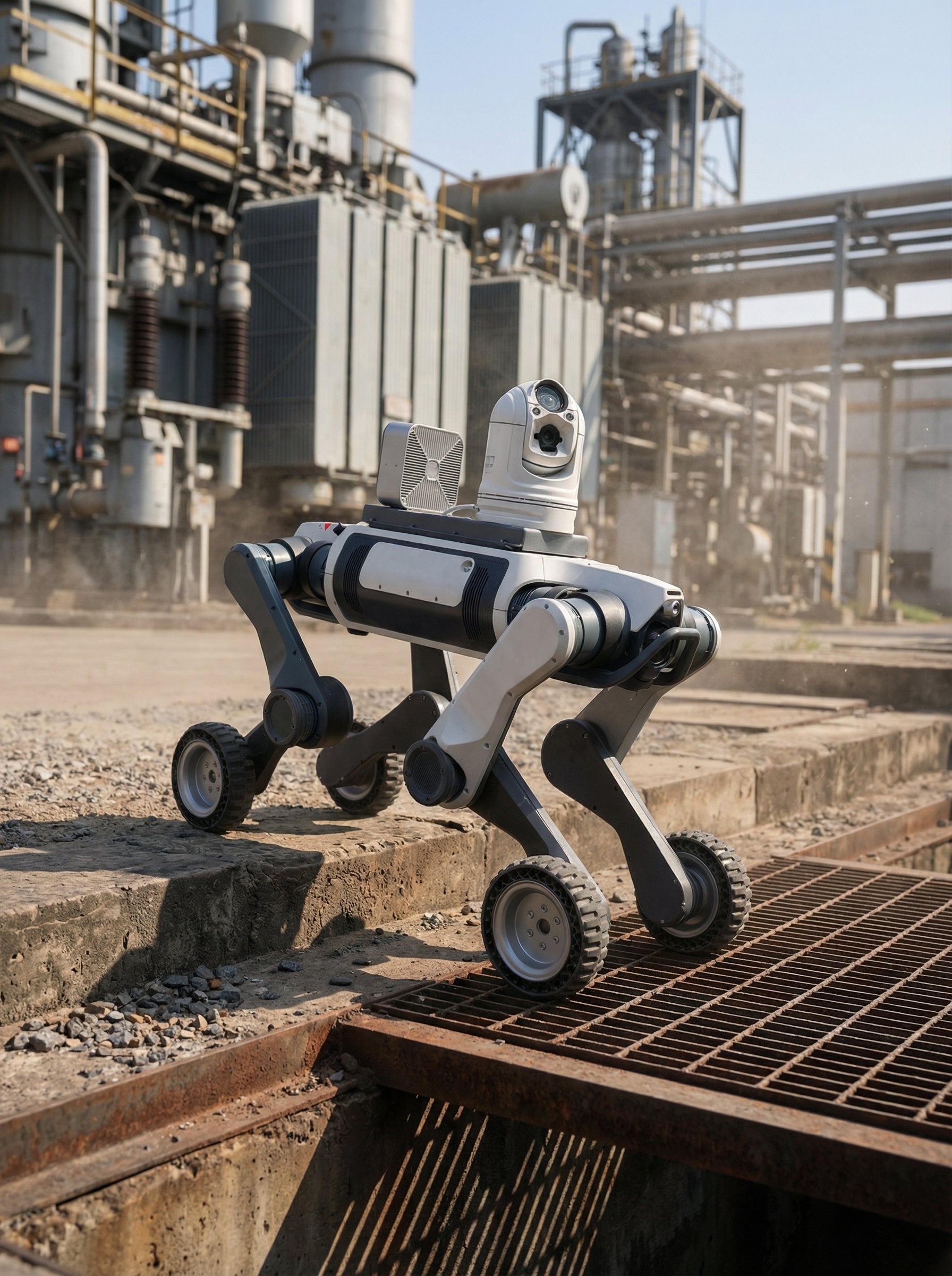 The DEEP Robotics Lynx M20 Pro, an industrial-grade wheel-legged quadruped robot, is shown on a metal grate in an industrial facility. It is equipped with a 96-line LiDAR and wide-angle cameras for 360-degree situational awareness, SLAM localization, and omnidirectional obstacle avoidance, enabling autonomous inspection and navigation in challenging and hazardous environments. Its IP66 rating ensures dustproof and water-resistant operation.