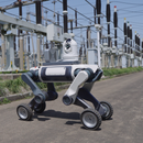 A DEEP Robotics Lynx M20 Pro wheel-legged robot, equipped with a pan-tilt camera and LiDAR, autonomously patrols an outdoor power substation. The rugged, IP66-rated quadruped robot demonstrates advanced mobility for industrial inspection and monitoring in hazardous environments.