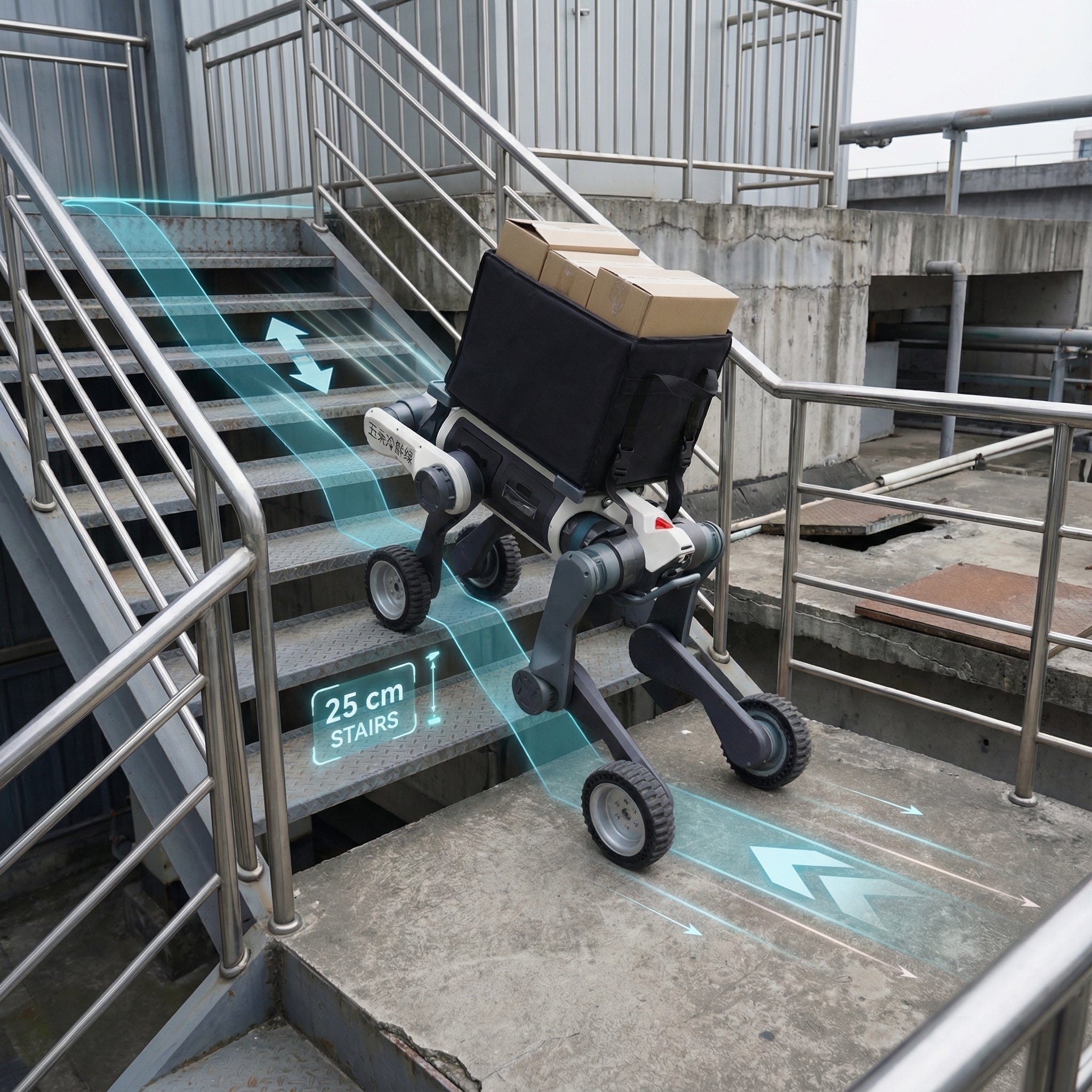 DEEP Robotics Lynx M20 Pro wheeled-legged robot climbing concrete stairs with a delivery package, demonstrating its advanced mobility for industrial logistics and last-mile delivery in complex urban environments. The robot features a hybrid design for navigating obstacles up to 25 cm, equipped with LiDAR for autonomous navigation and omnidirectional obstacle avoidance.