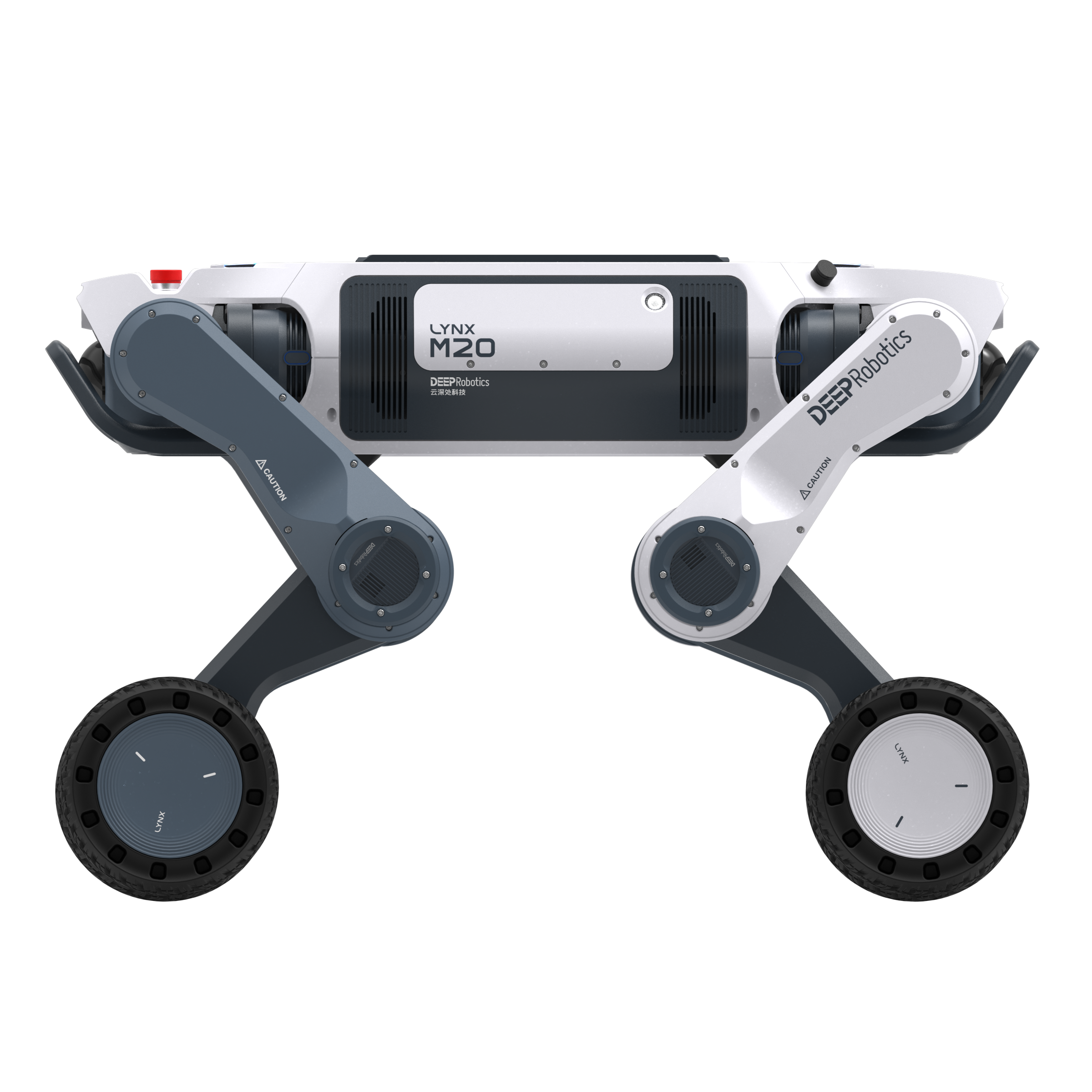 A white and grey DEEP Robotics Lynx M20 Pro wheeled-legged robot, designed for autonomous industrial inspection and emergency response in hazardous, all-terrain environments. The robot features a hybrid locomotion system, LiDAR for navigation, and an IP66 rating for durability.