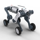 A white and grey DEEP Robotics Lynx M20 Pro, a wheeled-legged industrial robot, standing on a black background. It features robust legs with integrated wheels, multiple cameras, and sensors like LiDAR, designed for autonomous navigation and inspection in challenging and hazardous environments.