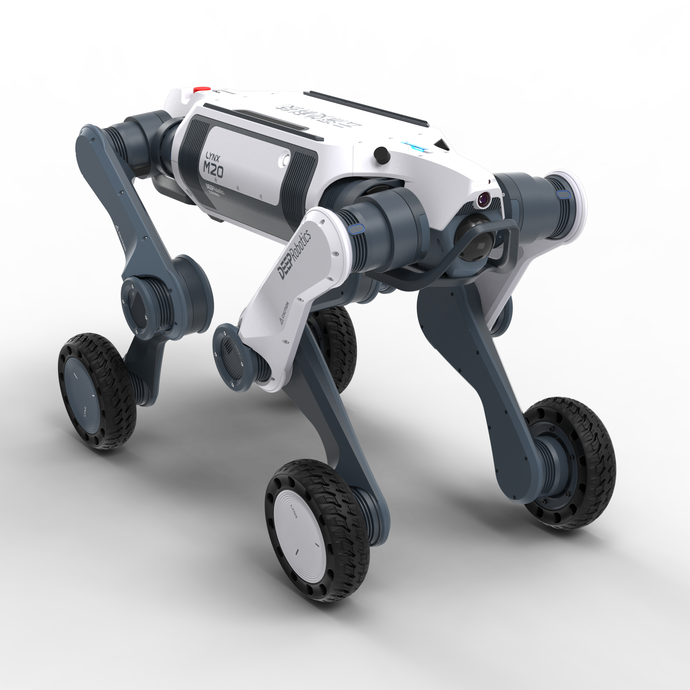 A white and grey DEEP Robotics Lynx M20 Pro, a wheeled-legged industrial robot, standing on a black background. It features robust legs with integrated wheels, multiple cameras, and sensors like LiDAR, designed for autonomous navigation and inspection in challenging and hazardous environments.